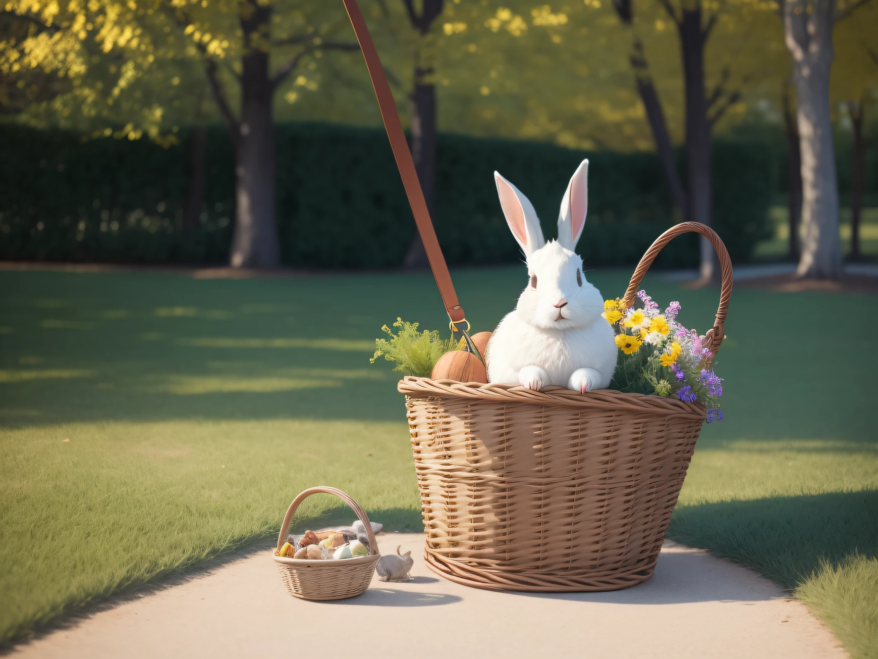 There was a pet rabbit in the basket，parks