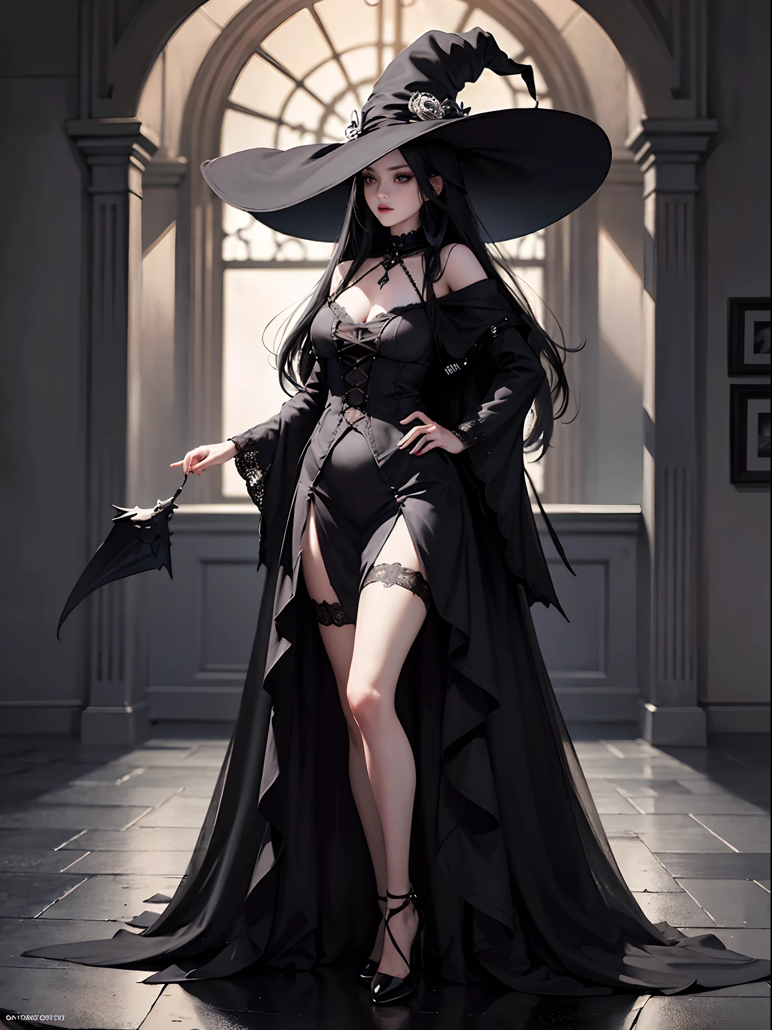 (masterpiece), (best quality), extremely delicate and beautiful, illustration, best_quality ,head, black_magic, 1girl, long hair, black hair, (full body:1.2), witchy_fashion, witch_hat, gothic_witch, gothic_darkness, (gothic_makeup:1.1), scenary, cowboy shot, depth of field, HDR, intricate, delicate