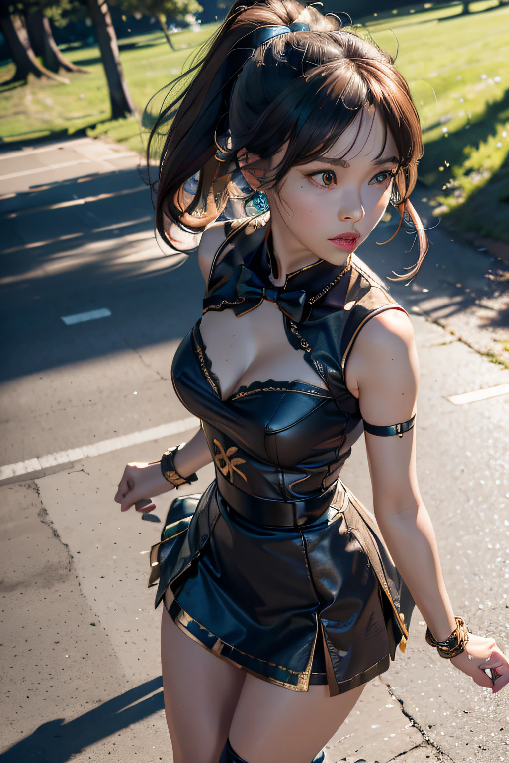 Masterpiece, best quality, Ultra Detailed, RAW Photo, (Photorealistic:1.4), HSR Tingyun, 1girl, solo, bangs, (fox ears), medium breasts, clothing cutout, cleavage cutout, animal ears, fox girl, brown dress, ponytail, bowtie, dress, (bracelet), jewelry, cleavage, detached sleeves, (blue bracelet), white sleeves, shirt, sleeveless shirt, gold trim, brown dress, (tail, fox tail), earrings, dynamic angle, outdoor deep forest,