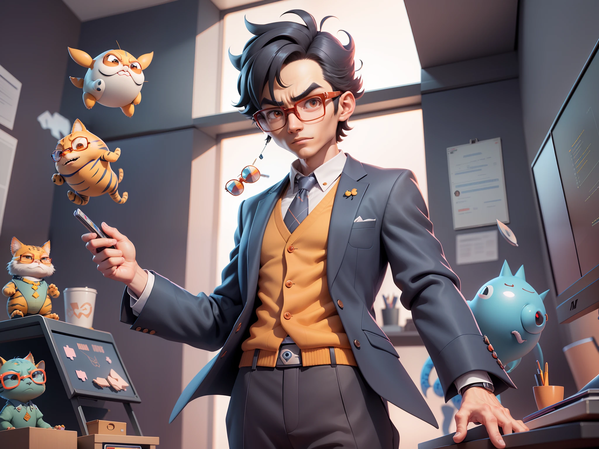 A young man in a suit, Short hair and glasses sat at his desk,holding laptop,digitial painting,tigre,3D character design by Mark Clairen and Pixar and Hayao Miyazaki and Akira Toriyama,4K HD illustration,Very detailed facial features and cartoon-style visuals。