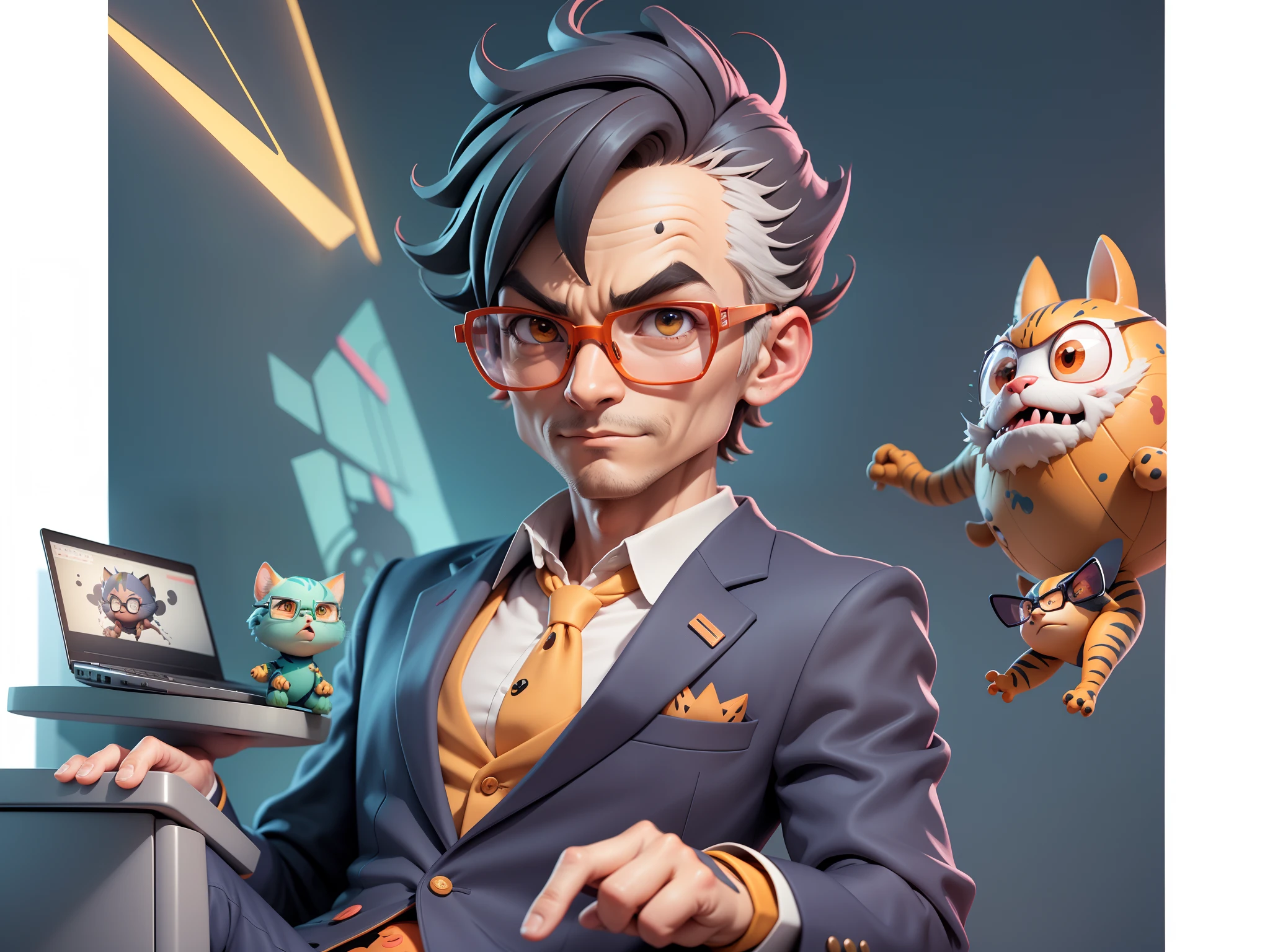 A young man in a suit, Short hair and glasses sat at his desk,holding laptop,digitial painting,tigre,3D character design by Mark Clairen and Pixar and Hayao Miyazaki and Akira Toriyama,4K HD illustration,Very detailed facial features and cartoon-style visuals。