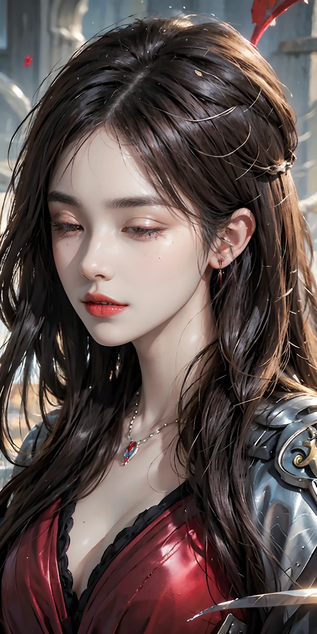 realistic digital painting portrait of a shiranui flare, (Masterpiece:1.2), best quality, looking at viewer, (delicate details:1.5), lovely black hair, (hell:1.5), (devil:1.5), torn cloth armor with damask and chrome engraving, intricate details, (detailed background), (very detailed skin:1.8), (scarlet hair), pointy hair, (closed eyes), (:1.2), skinny, navel, cute, (intricate details), Exquisite details, (disheveled hair), (fantasy), perfect face, (colored skin), ((ruby crystals on body)), (ruby crystals), ((puffy )), (floating crystals), dynamic angle, depth of field, (((scarlet skin))), scarlet slime, cinematic light, best shadow, translucent skin, ((floating)), global illumination, art by hoang lap and fuji choko and artgerm, and greg rutkowski and viktoria gavrilenko, photogenic pose, photogenic expression, symmetry