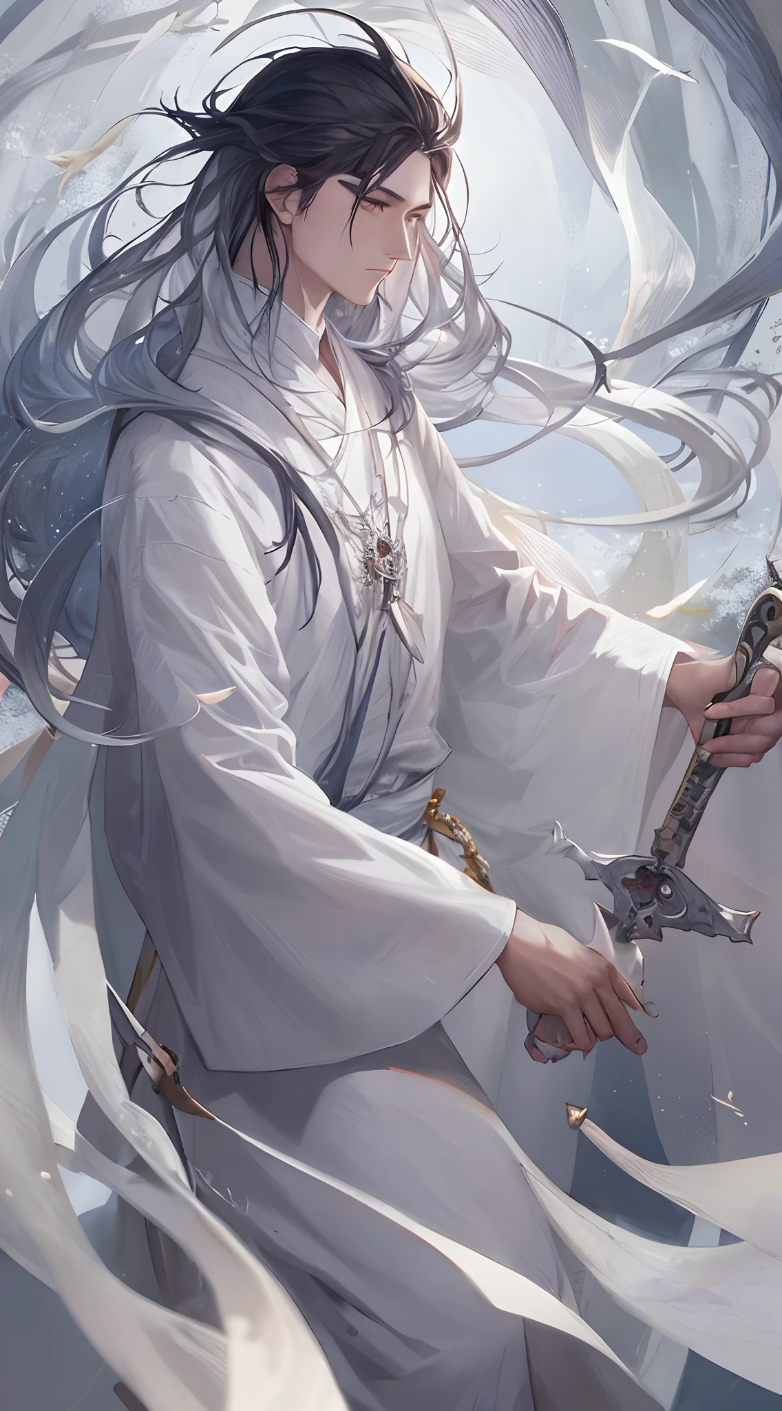 Close-up of a man in a white dress holding a sword,a character portrait by Yang J,The popularity of CGsociety,Fantasyart,beautiful character painting,Guviz-style artwork,Guvitz,white hanfu,flowing white robe,full-body wuxia,epic exquisite character art,stunning character art,Beautiful male assassin