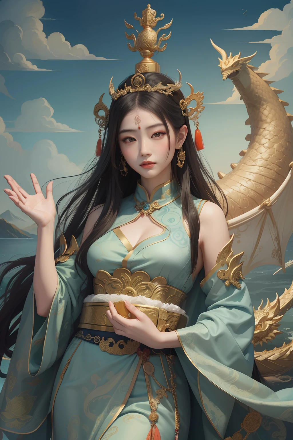 an ancient Chinese goddess, guanyin of the southern seas, Guanyin, Inspired by China, Avalokiteshvara rides a dragon，,Serene expression,shui mo hua,Buddha,Buddhist,Lotus,Chinese painting style,Thangka style