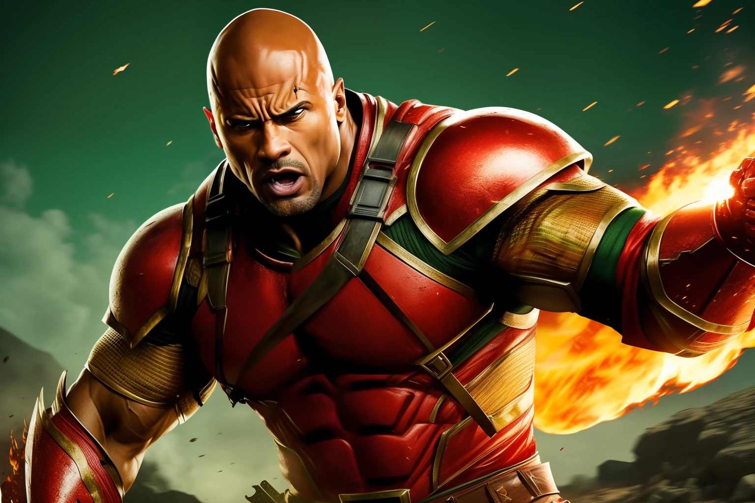 (((Epic action scene))), intense action, incredibly detailed portrayal, Dwayne Johnson, wearing fiery red armor, battling ((in a green screen)), ((with an intense expression)), dynamic pose.