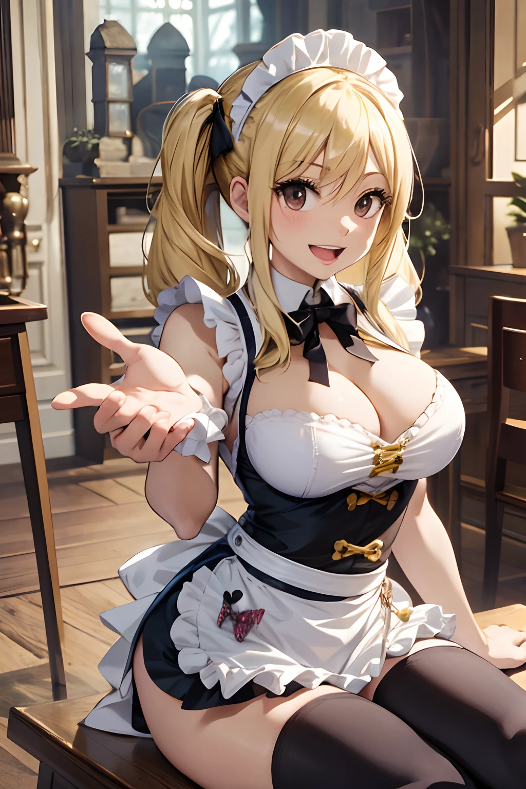 asterpiece, best quality, highres, lucy heartfilia, blonde hair, twintails, large breasts, black thighhighs, maid outfit , cowboy shot, indoors, sitting, reaching out, smile, open mouth,