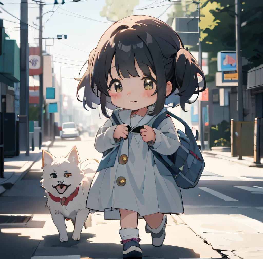 Anime girl and her dog walking down the street, Cute anime, anime visual of a cute girl, Kawasi, Cute anime girl, lovely digital painting, Guviz-style artwork, Guviz, Anime style. 8K, Anime Pictures, up of young anime girl, Soft anime illustration, anime illustration, small li girl, Digital anime illustration，White dog，The dog breed is a Samoyed，The hairstyle does not change，The costume does not change，The characters remain the same