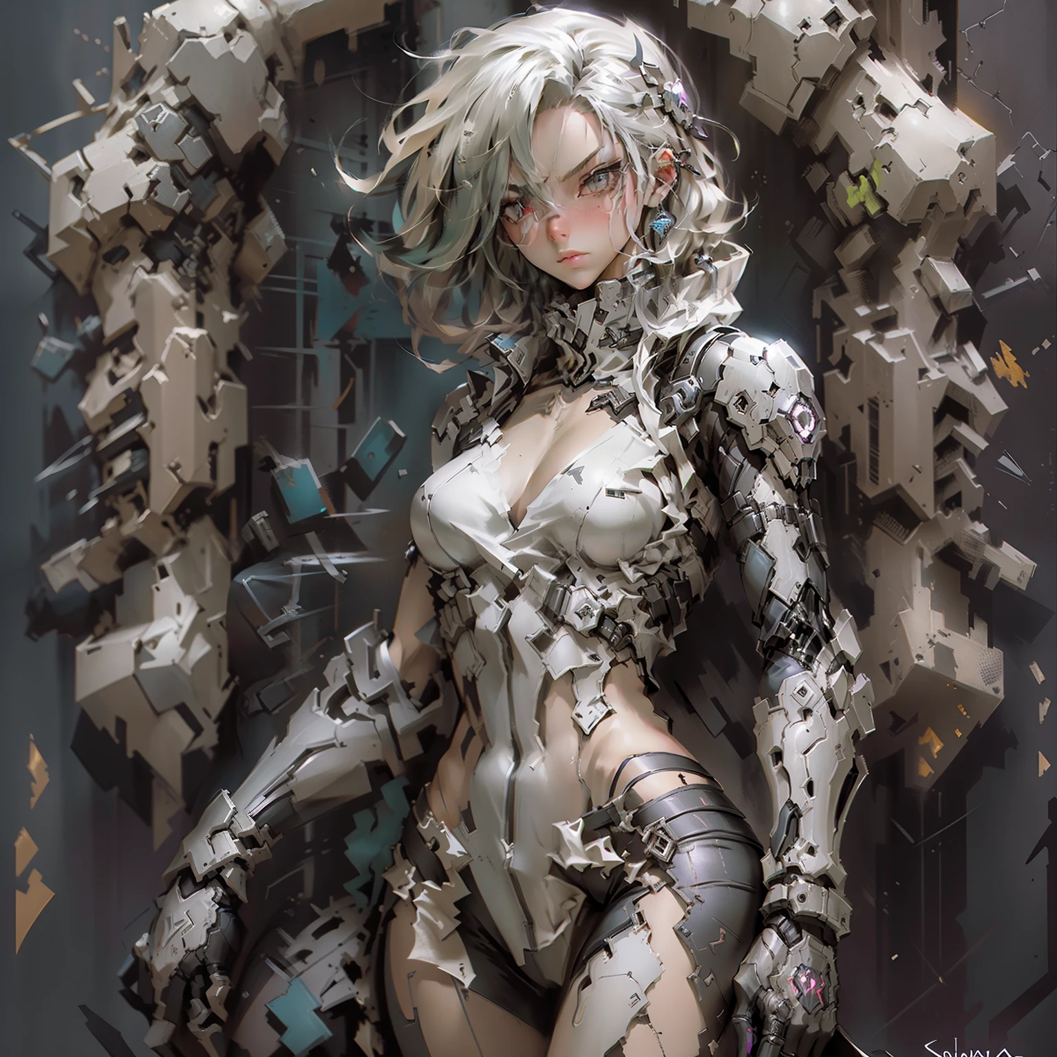 cyber punk perssonage,Extremely high image quality,Complicated details,female pervert,handheld dagger,Lean against a wall,rich details,Best light and shadow,best shadow,Realistic expressions,Reasonable human anatomy,Medium realistic bust,Proportions consistent with human anatomy,the golden ratio,Broken lower body of clothing,Shimmering light on the thighs,Realistic blush,Fighting style。