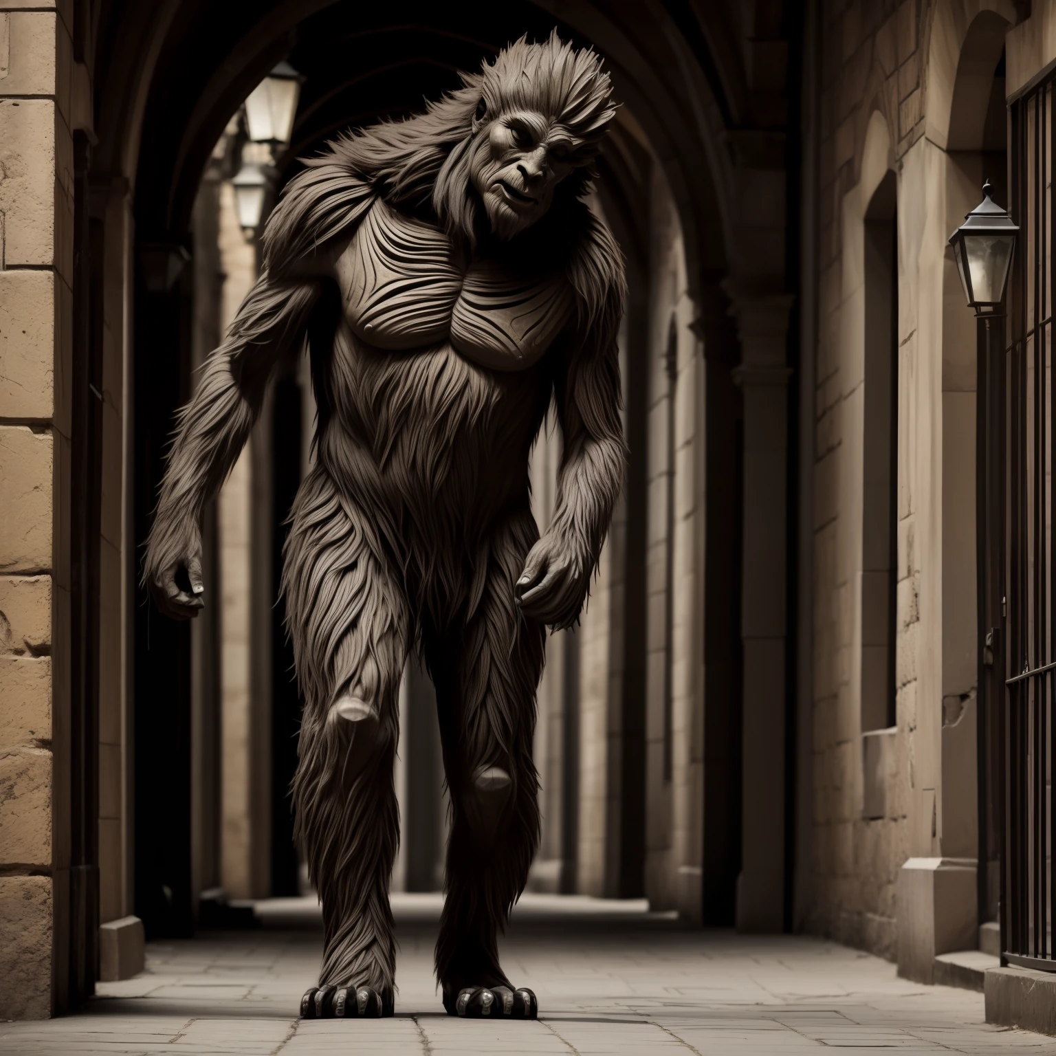 monster, Tree Monster,  Tall stature, Resemblance to a person, human face, human anatomy, Dark background tones, dull tones, Gray tones, Location: Medieval City, on two legs, Top Quality, tmasterpiece,