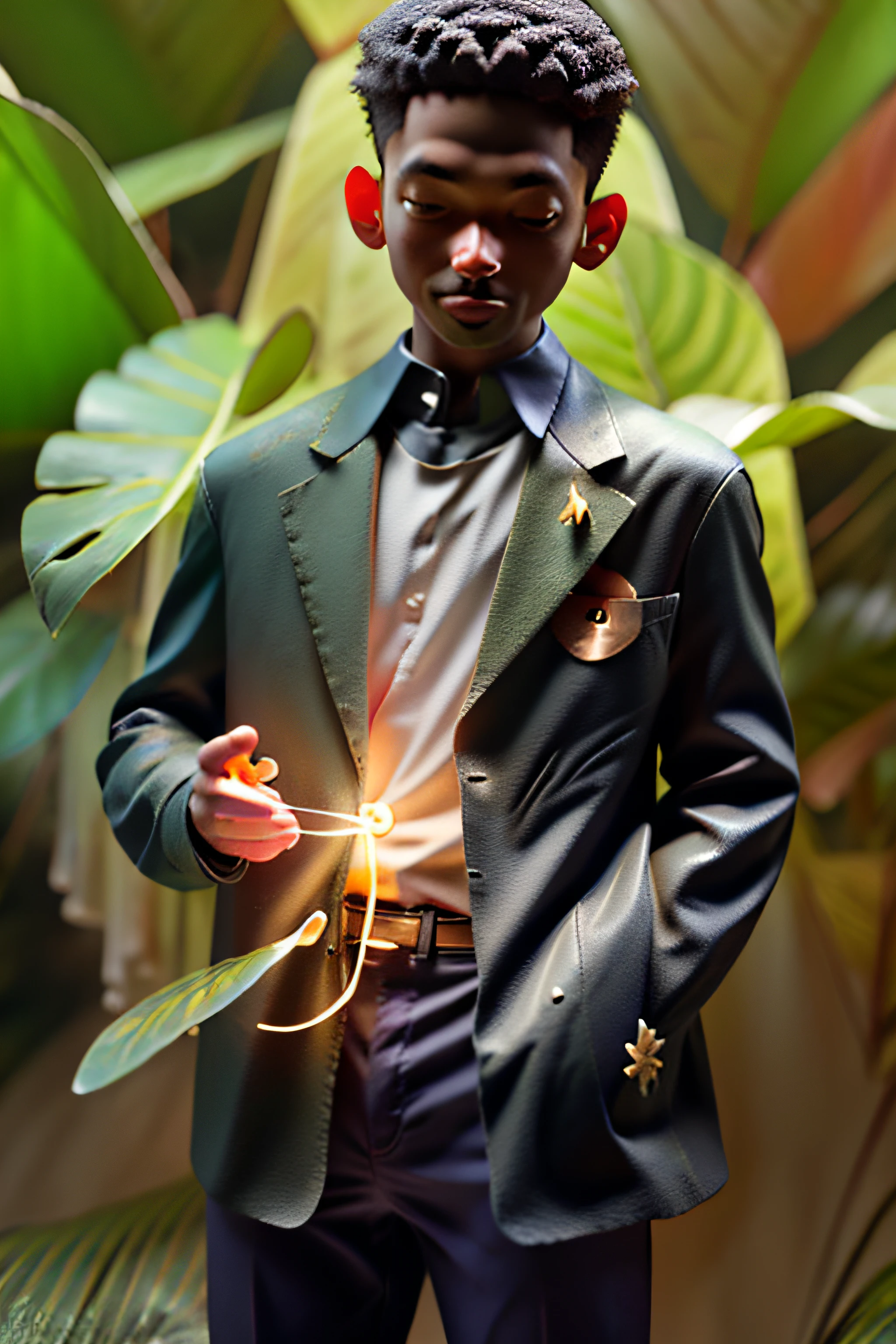green leaf，jungles，Critters, Flowers, Birds，Boy in white shirt，Crisp short hair，A boy's face poked his head out of the leaves，Colorful background，Neon streamers，（Highest image quality）， （The work of the master）， （Hyper-detailing）， （eye detailed： 1.0）， （light flare lens： 1.0）， （unwind， downy ：1.2）， （Light beauty details：1.0），（ssmile：1.0） ， （{eyeslashes|eye shadows||}），