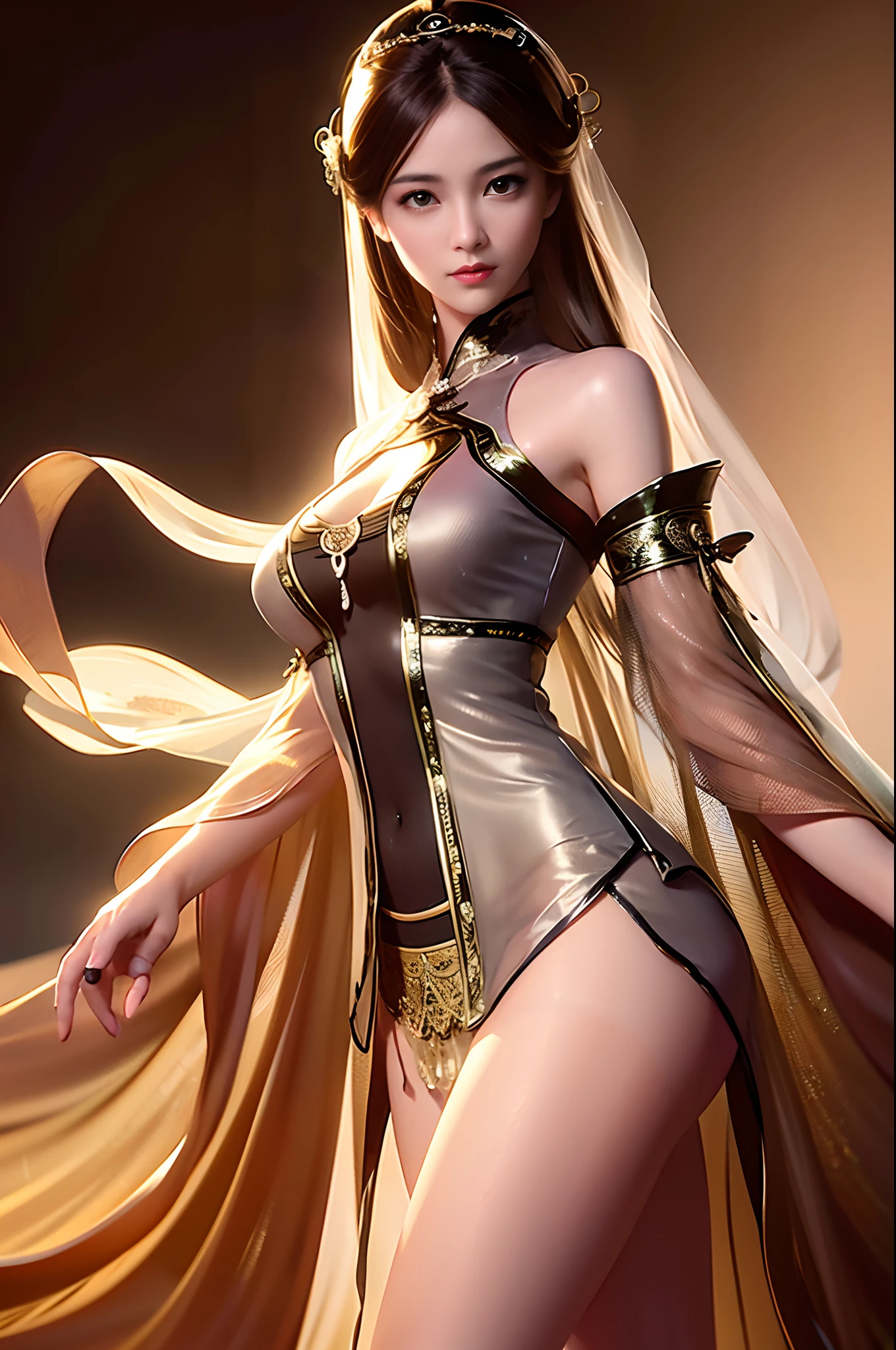 best quality,masterpiece,extremely Detailed details,high resolution,8k,intricate details,realistic,photorealistic,dramatic lighting, 1girl,dunhuang_clothes,dunhuang_dress,small breasts,partially hidden by the clothing,(see-through:1.3),Through a thin veil,glimpses of breasts are visible,creating an alluring and suggestive effect,reveals glimpses of her skin and the contours of her chest, cowboy shot,dancing,
