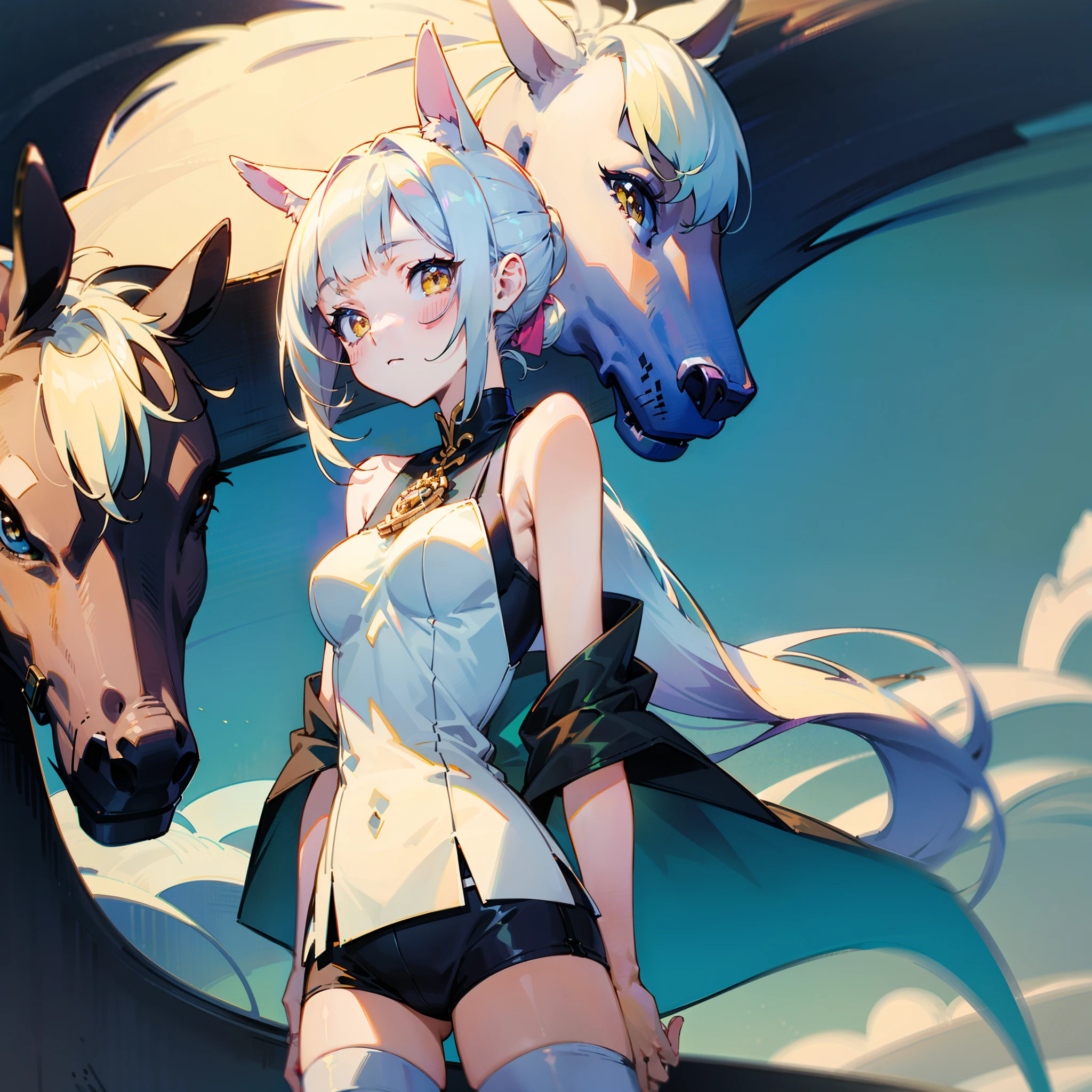 （（tmasterpiece）），  Flat bangs，（美丽细致的眼睛）， （1girll）， looking at viewert， Long white hair，Single ponytail hair，Long white horse ears，Yellow eyes，  medium boob，white stockings，Male focus，独奏，adolable，big breasts enchanting，casual-style，wilderness