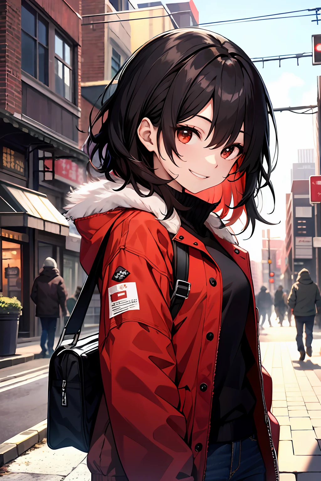 (Morning), 1girll, 独奏, looking at viewert, winter, Cowboy shot, (Downtown), Cowboy shot, Smile, Black hair，Red pick dye