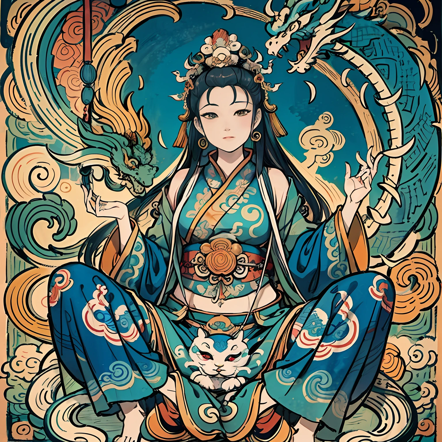 an ancient Chinese goddess, guanyin of the southern seas, Guanyin, Inspired by India, Avalokiteshvara rides a dragon,,Serene expression,shui mo hua,Buddha,Buddhist,Lotus,Chinese painting style,Thangka style