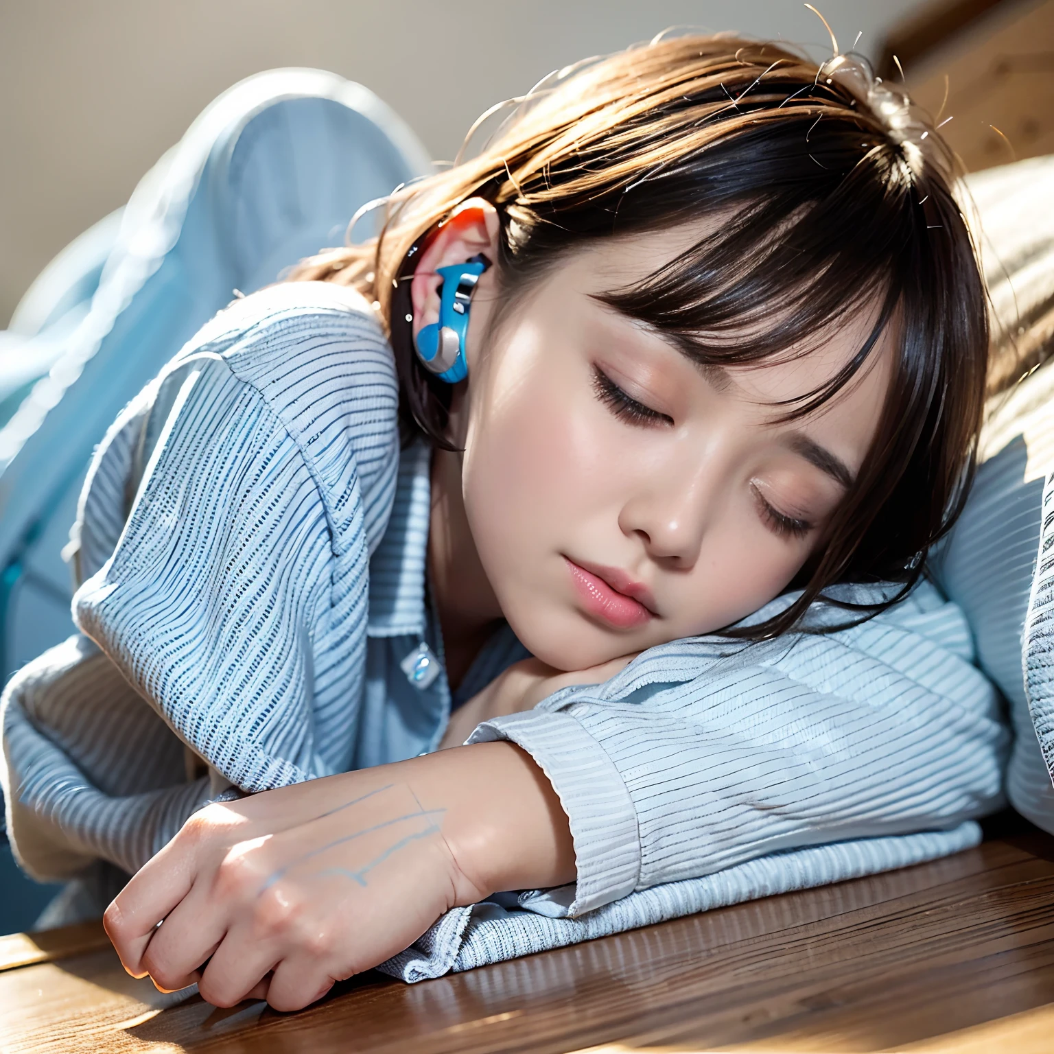 One cute girl in her 20s、A dark-haired、Short Bob Hair、Put on your ears、shiny lips、Wearing a light blue checked vest on a white blouse、超A high resolution、(Photorealsitic:1.4)、Detailed skin、lighting like a movie、A girl in her 20s is wearing earphones、Sleeping with your face on your desk、eye closed、It's like having a pleasant dream、