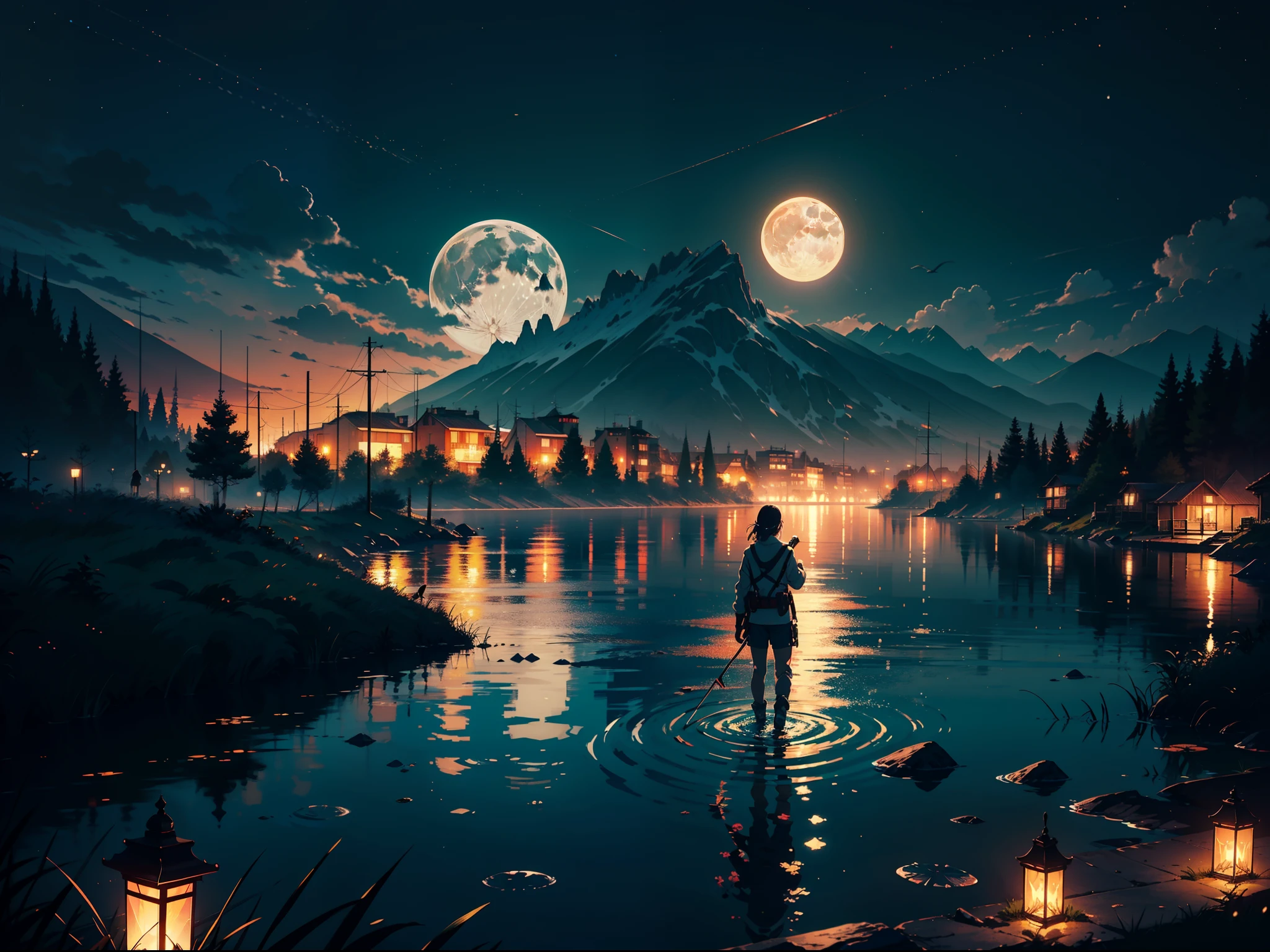 {{{{Masterpiece}}}}, {{Complex Details}}}, {{Beautiful Detail Background}}}}}, {{Detailed Hair}}}, {{Illustration}}, Best Quality, Very Fine Detail, Highest Resolution, 8K, in style of hayao miyazaki，Bright colors，ultra-wide-angle，Bird's eye shot，off-world， nighttime scene，Lake surface，Fantasy wind，Beautiful，black shadows，((light particules))，Lots of light spots，themoon，The surface of the lake glows，reflective light，the elf，Kizi，((longbow))，(The body is translucent)，Crystal-like body，Back diagram，Upper body diagram