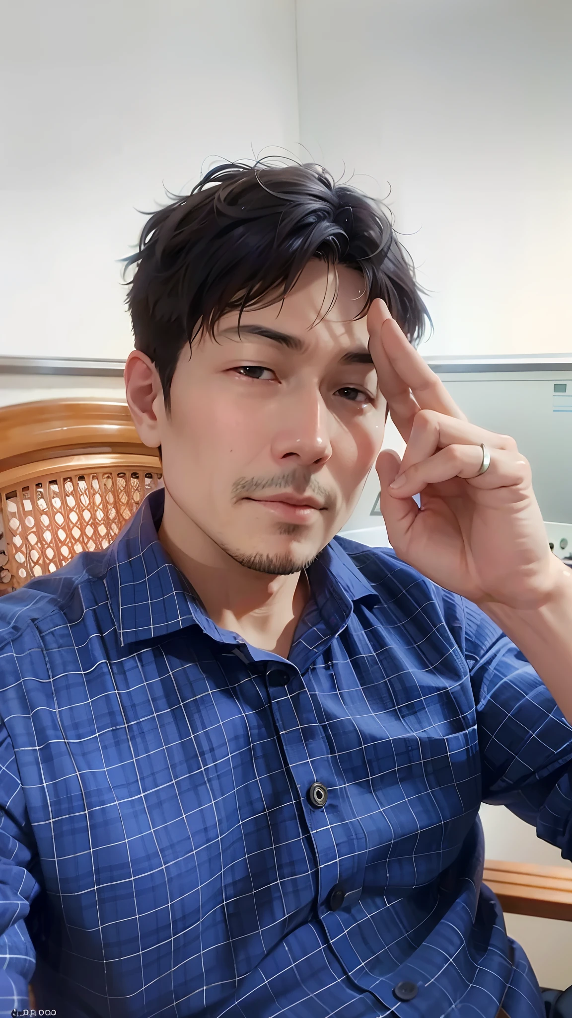 The Arafed man sat in a chair，hand on forehead, hideo kojima, satoshi, yanjun cheng, taken in the early 2020s, jinsung lim, profile picture 1024px, # overclocking, #overclocking, kojima, thinking pose, 3 2 - year - old, akihiko yoshida. illusory engine