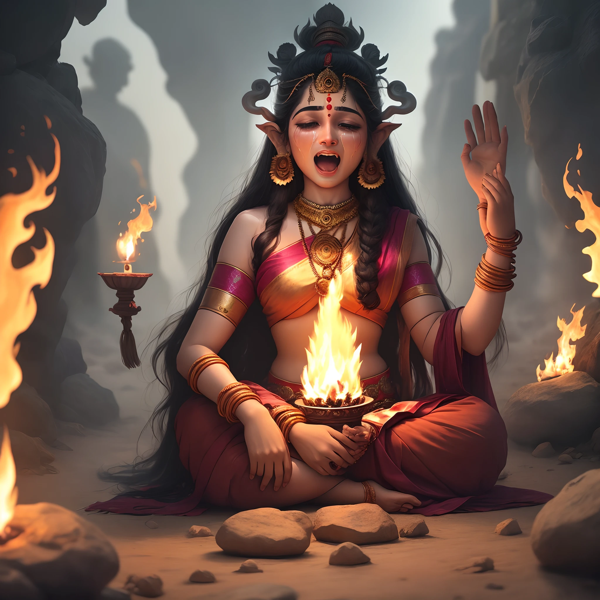 Lord Shiva pick up mata saati who was burning and shouting loudly and crying