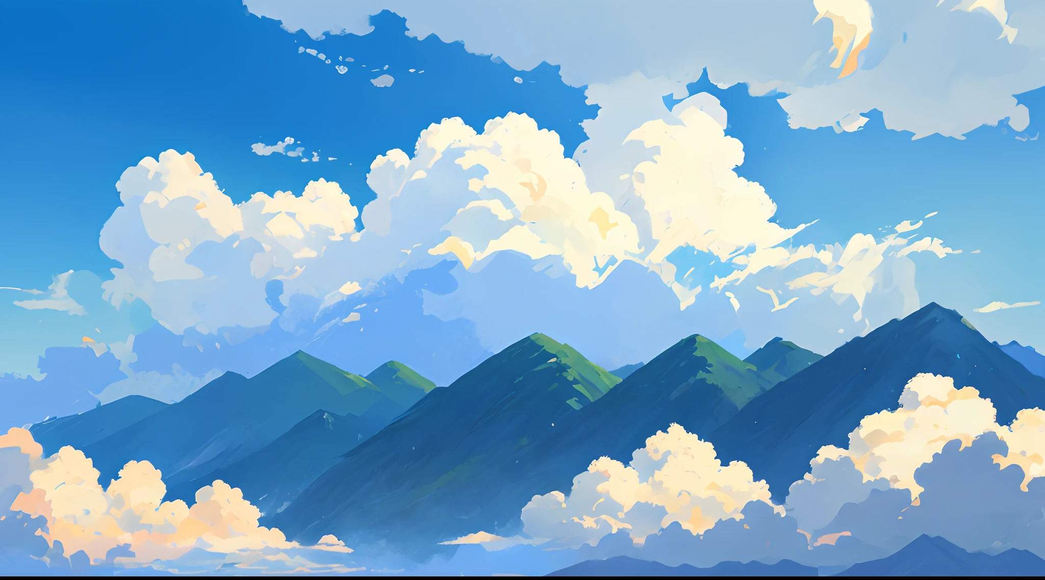 above the mountains, Studio Ghibli Sky, Anime Cloud, beautifull puffy clouds. anime big breast, Anime Sky, ghibli artstyle, Makoto Shinkai's style, in the style of makoto shinkai, Detailed scenery —width 672, ghibli artstyle, Anime landscape