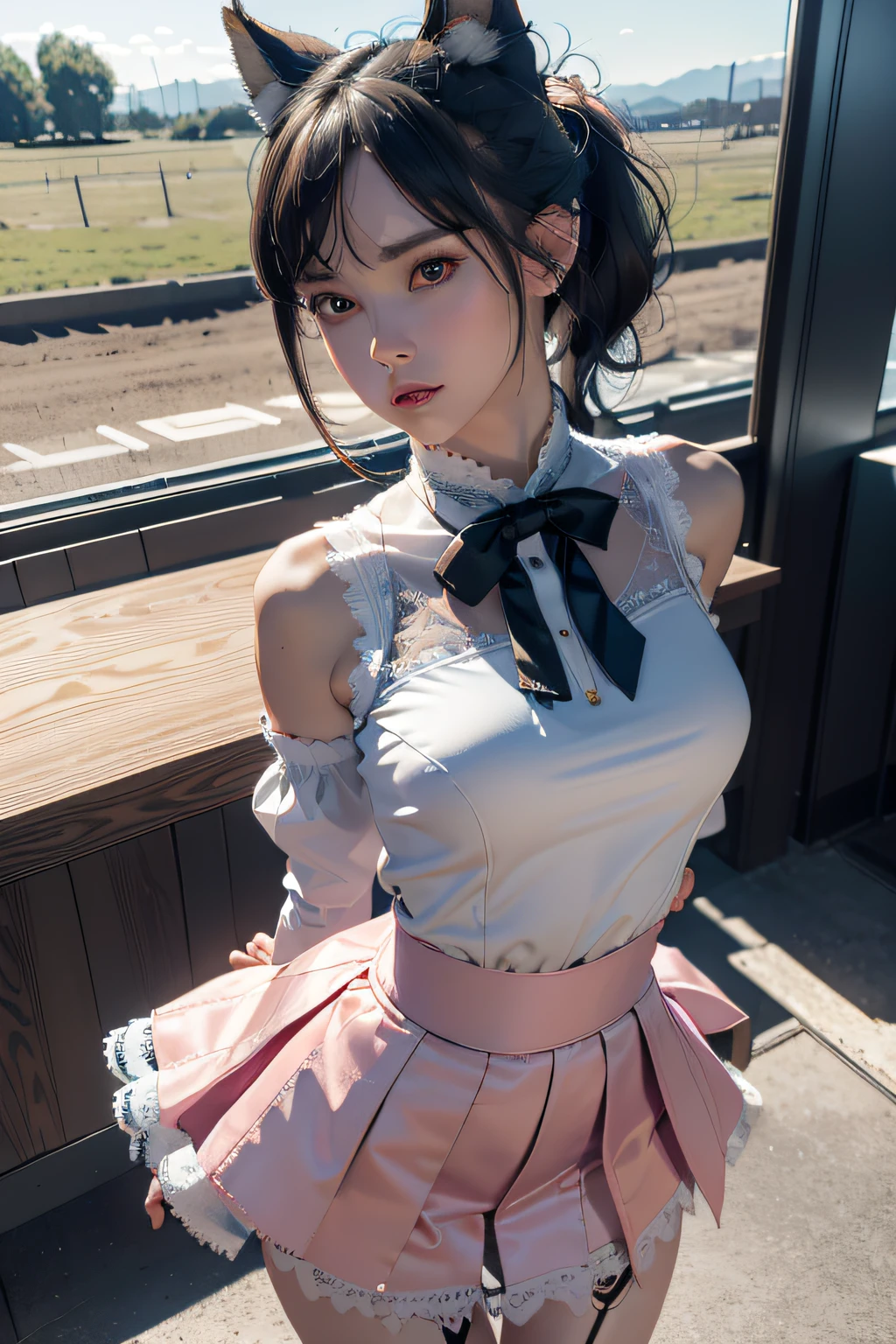 tmasterpiece， best qualtiy， ultra - detailed， RAW photogr， （realisticlying：1.4）， High-speed rail Tingyun， 1girll， 独奏， By bangs， （fox ear）， mediuml breasts， clothing cutout，Hollow-out on， Animal ear， girl fox， Silk lace skirt skirt， pony tails， neck bowtie， shift dresses， （bangle）， jewely，， Separate the sleeves， （blue bracelet）， White sleeves， The shirt， sleeveless shirts， Golden decoration， Pink lace skirt， （coda， fox tails）， 耳Nipple Ring， dynamic angle， Outdoor deep forest，