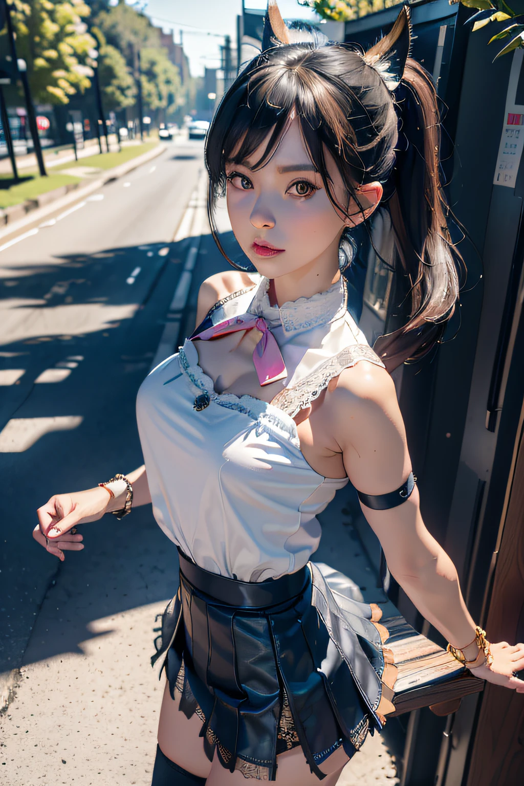 tmasterpiece， best qualtiy， ultra - detailed， RAW photogr， （realisticlying：1.4）， High-speed rail Tingyun， 1girll， 独奏， By bangs， （fox ear）， mediuml breasts， clothing cutout，Hollow-out on， Animal ear， girl fox， Silk lace skirt skirt， pony tails， neck bowtie， shift dresses， （bangle）， jewely，， Separate the sleeves， （blue bracelet）， White sleeves， The shirt， sleeveless shirts， Golden decoration， Pink lace skirt， （coda， fox tails）， 耳Nipple Ring， dynamic angle， Outdoor deep forest，