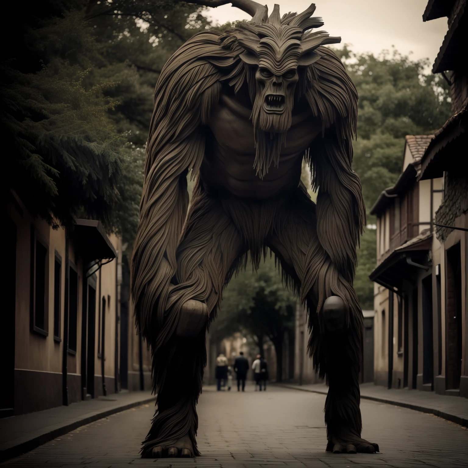 monster, Tree Monster,  Tall stature, Resemblance to a person, human face, human anatomy, Dark background tones, dull tones, Gray tones, Location: Medieval City, on two legs, Top Quality, tmasterpiece,