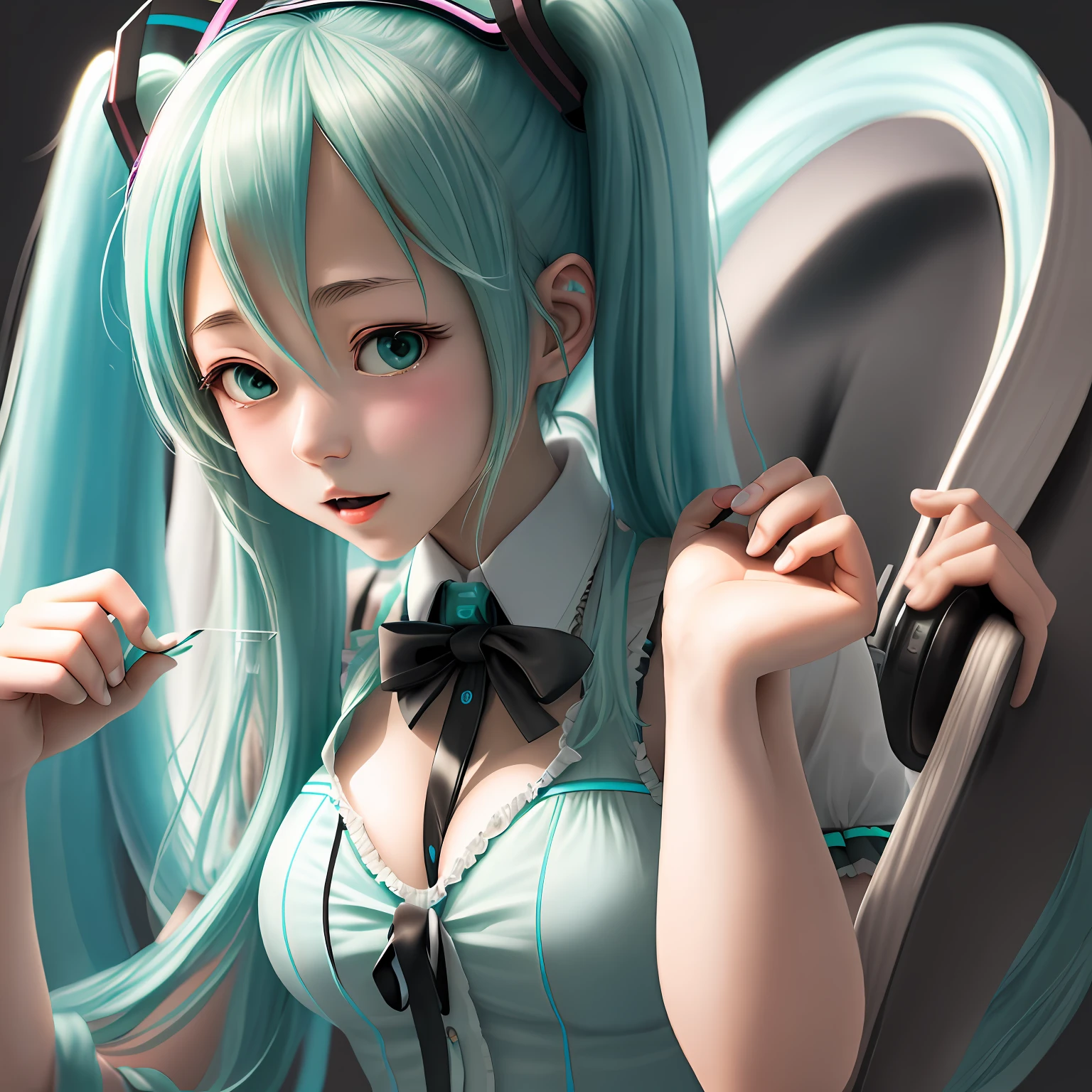Hatsune Miku stroked her 36D big breasts with both hands