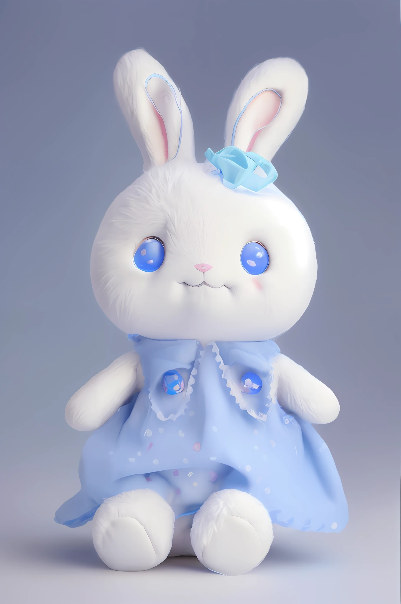 There is a white rabbit，Wearing blue clothes，A carrot on his head, cute fumo plush bunny girl, ultrarealistic sweet bunny girl, cute anthropomorphic bunny, edgBunny_Character, render of april, cute 3 d render, Cute! C4D, original chibi bunny girl, Cute Pocelain doll, stuffed doll, cute character