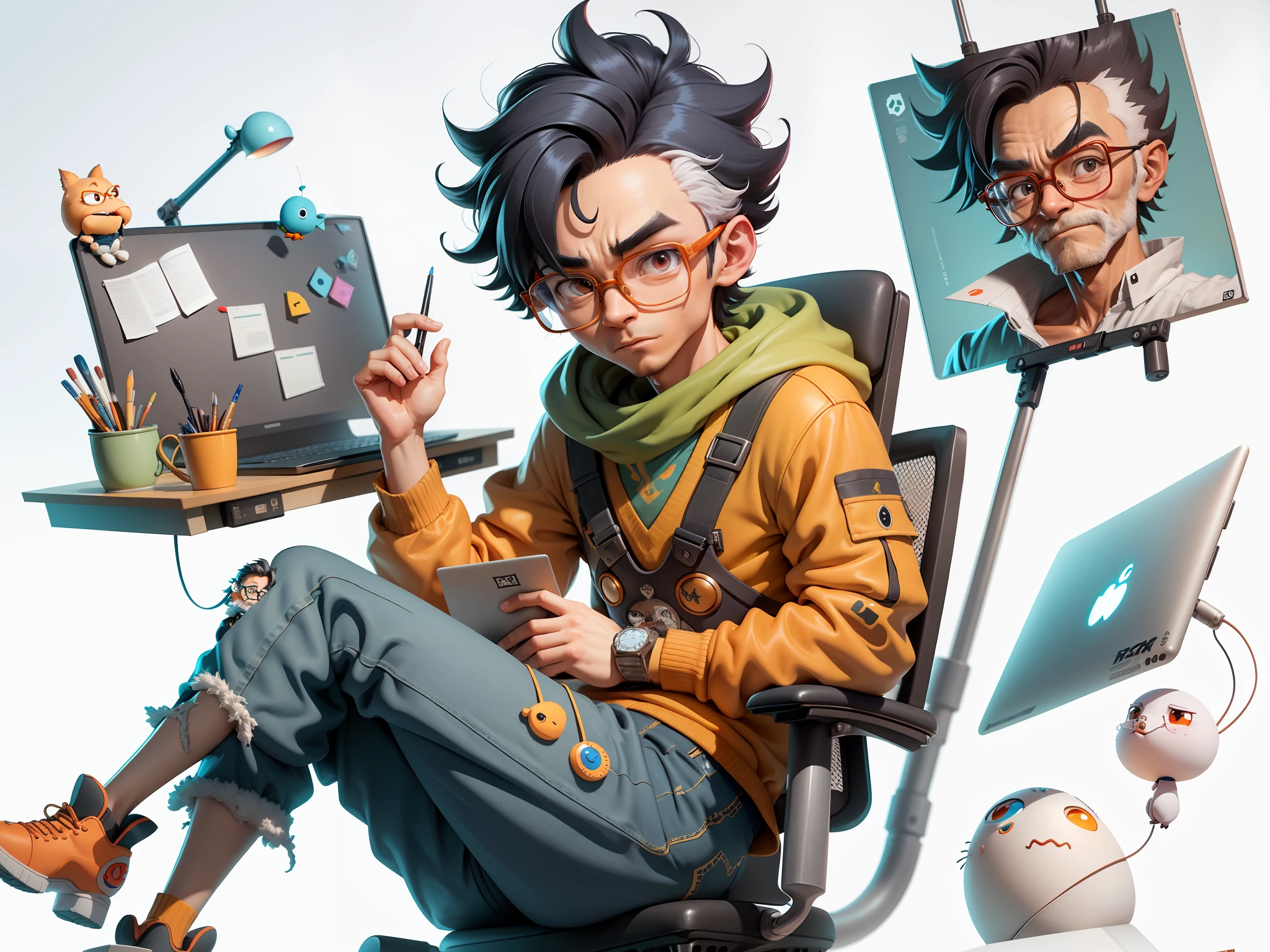 A young man with glasses sits at his desk，holding laptop，digitial painting，3D character design by Mark Clairen and Pixar and Hayao Miyazaki and Akira Toriyama，4K HD illustration，Very detailed facial features and cartoon-style visuals。