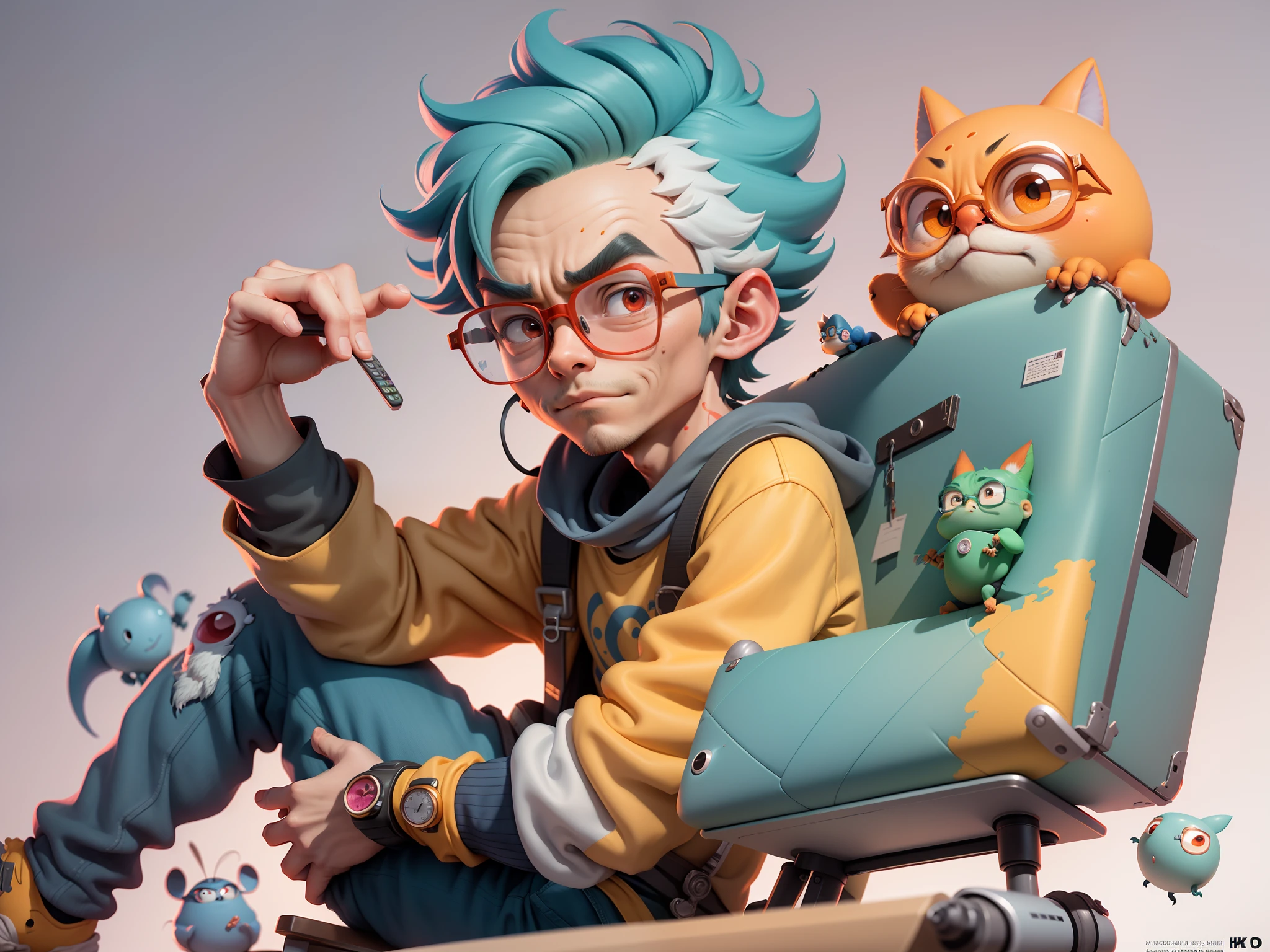 A young man with glasses sits at his desk，holding laptop，digitial painting，3D character design by Mark Clairen and Pixar and Hayao Miyazaki and Akira Toriyama，4K HD illustration，Very detailed facial features and cartoon-style visuals。