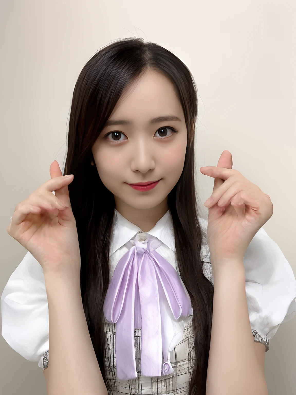 Woman in leather black short sleeve dress、There are women with long hair, with index finger,