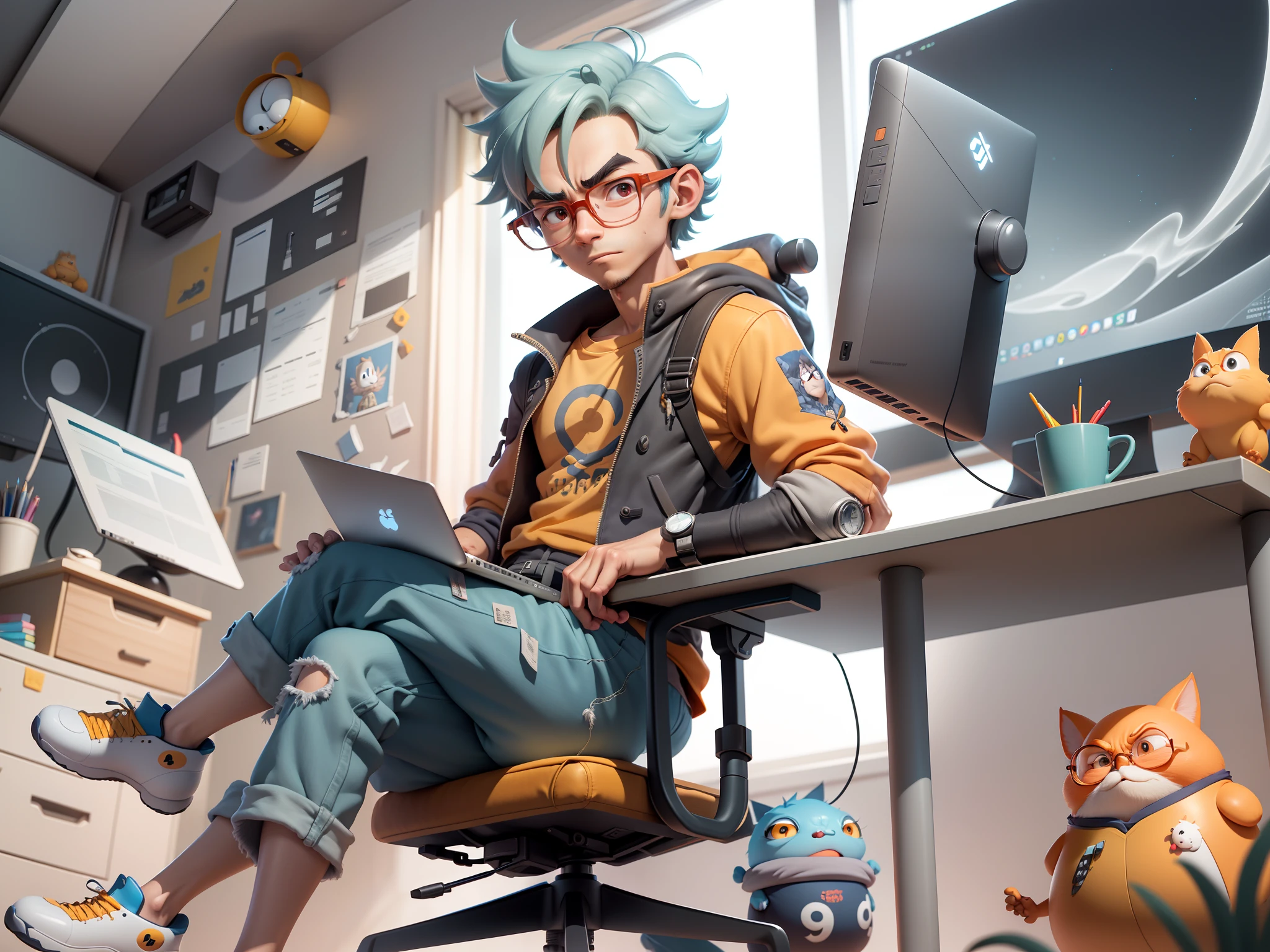 A young man with glasses sits at his desk,holding laptop,digitial painting,3D character design by Mark Clairen and Pixar and Hayao Miyazaki and Akira Toriyama,4K HD illustration,Very detailed facial features and cartoon-style visuals。