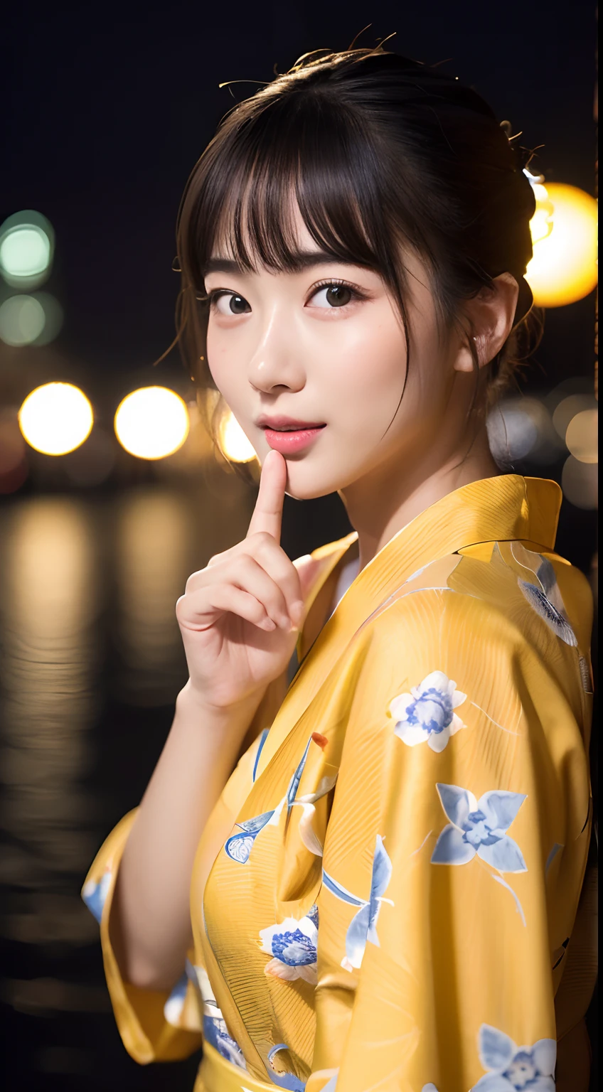 (Top image quality、8K)、Wearing a yellow yukata、Raw photo、realisitic、reallistic、((The whole body is shown))、Summer Festival Schedule、nighttime scene、Super Cute、Pretty Woman、A detailed eye、drooing eyes、Detailed mouth、Detailed nose、Beautiful skin、Detailed finger