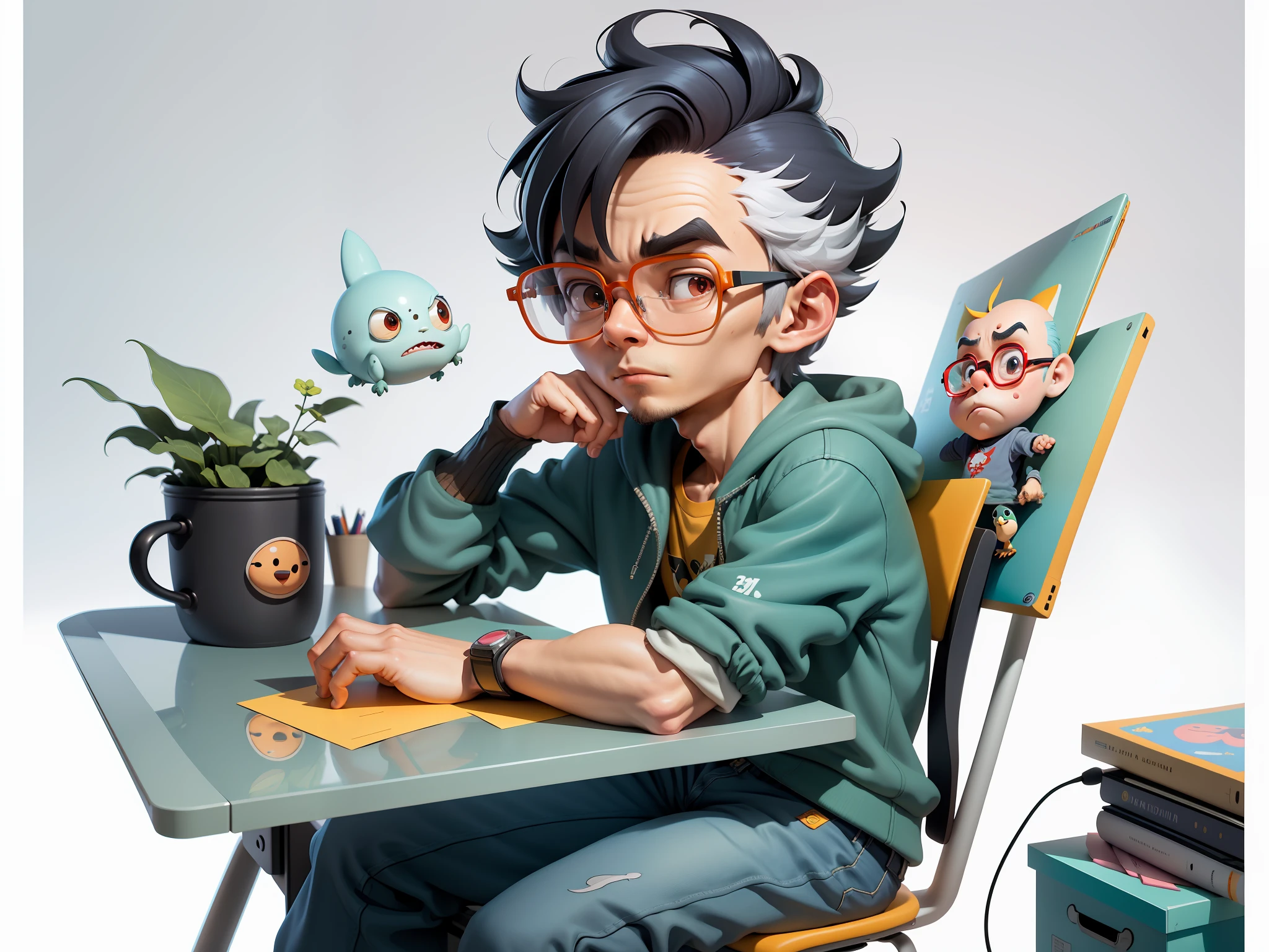 A young man with glasses sits at his desk,holding laptop,digitial painting,3D character design by Mark Clairen and Pixar and Hayao Miyazaki and Akira Toriyama,4K HD illustration,Very detailed facial features and cartoon-style visuals。