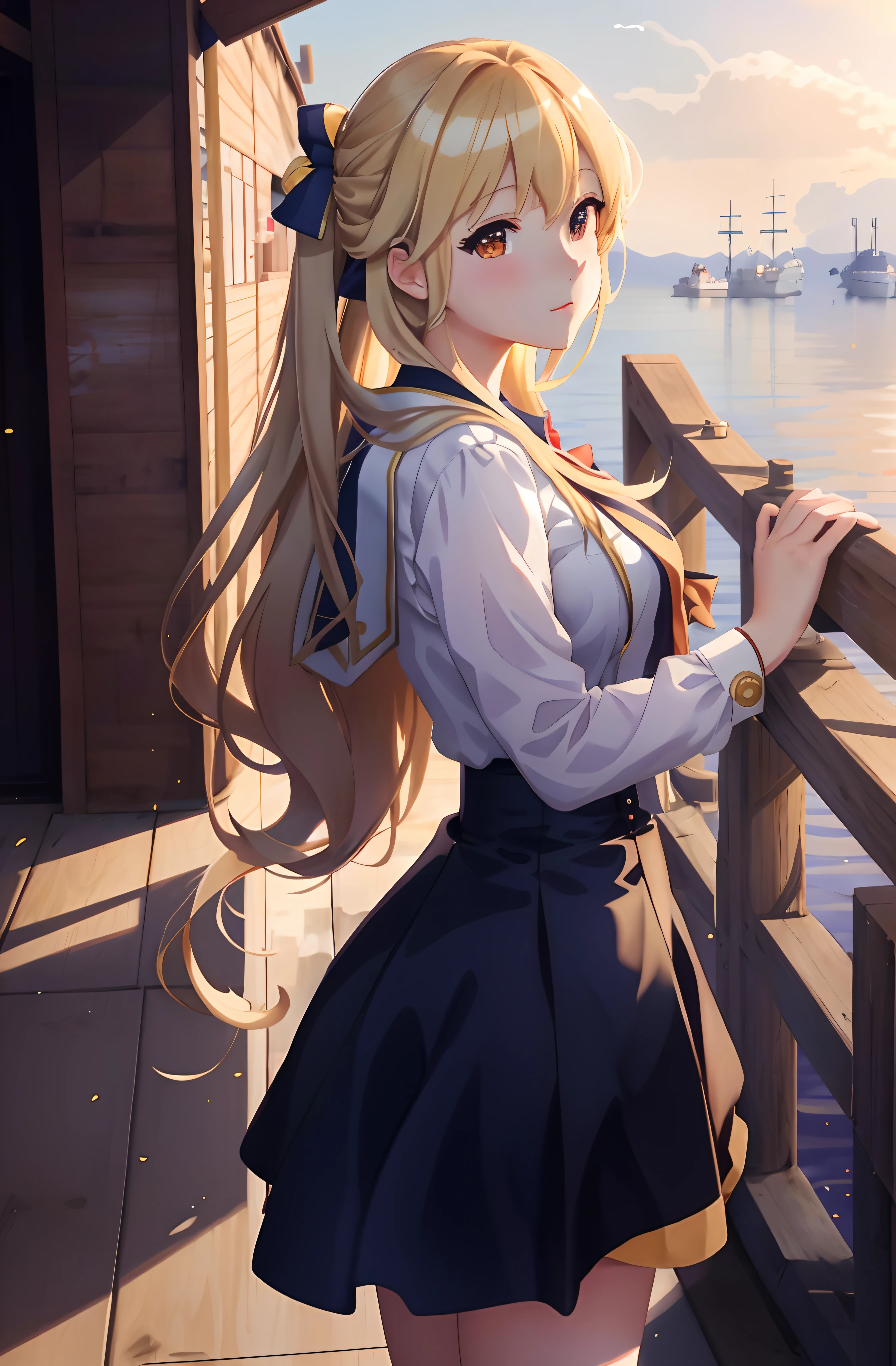 Anime girl standing on dock looking at the water, Blonde anime girl with long hair, Marin Kitagawa fanart, anime visual of a cute girl, Kantai collection style, azur lane style, offcial art, portrait anime girl, A scene from the《azur lane》videogame, up of young anime girl, anime background key visual, Beautiful Anime High School Girls