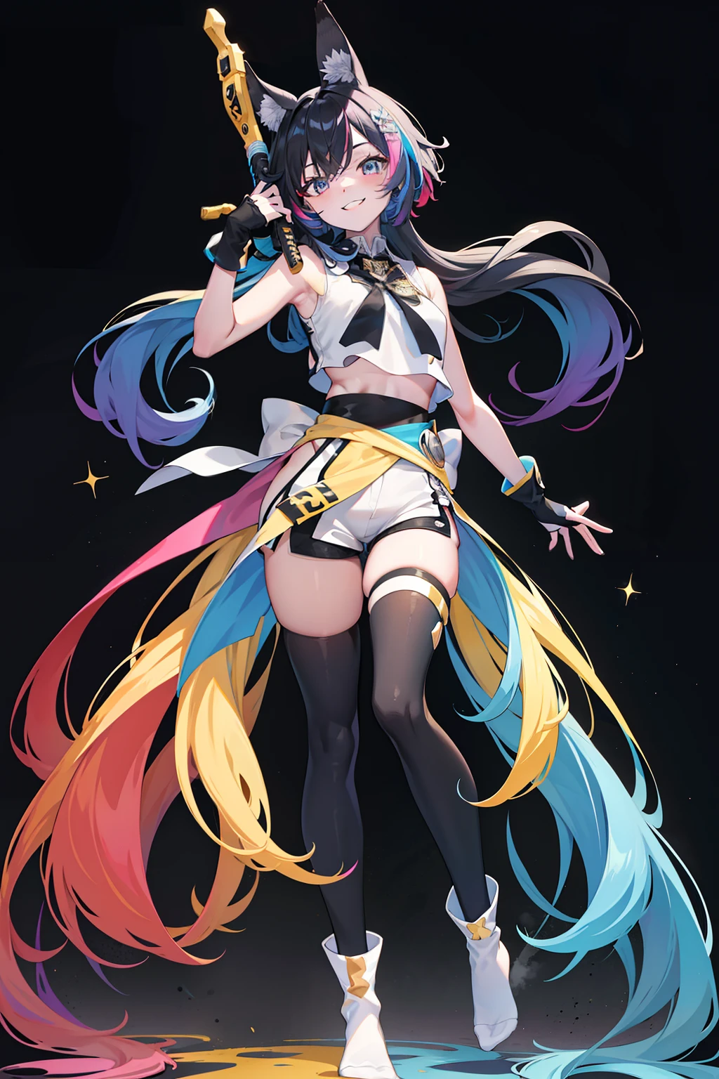UHD, retina, masterpiece, accurate, anatomically correct, super detail, high details, high quality, award winning, best quality, highres, good anatomy, 1080P, HD, 4K, 8k, 16k, 1girl, dynamic pose, androgynous, colorful, rai bow colors, short rainbow hair, bangs, long locks, smiling, holding a cartoon hammer with two hands, arms lowered near waist, perspective, wearing a white sleeveless shirt, wearing black long fingerless gloves, wearing black shorts, wearing thigh high rainbow socks, no shoes, colorful background, rainbow splatter everywhere on background, in the air, rocks in air, debree in air
