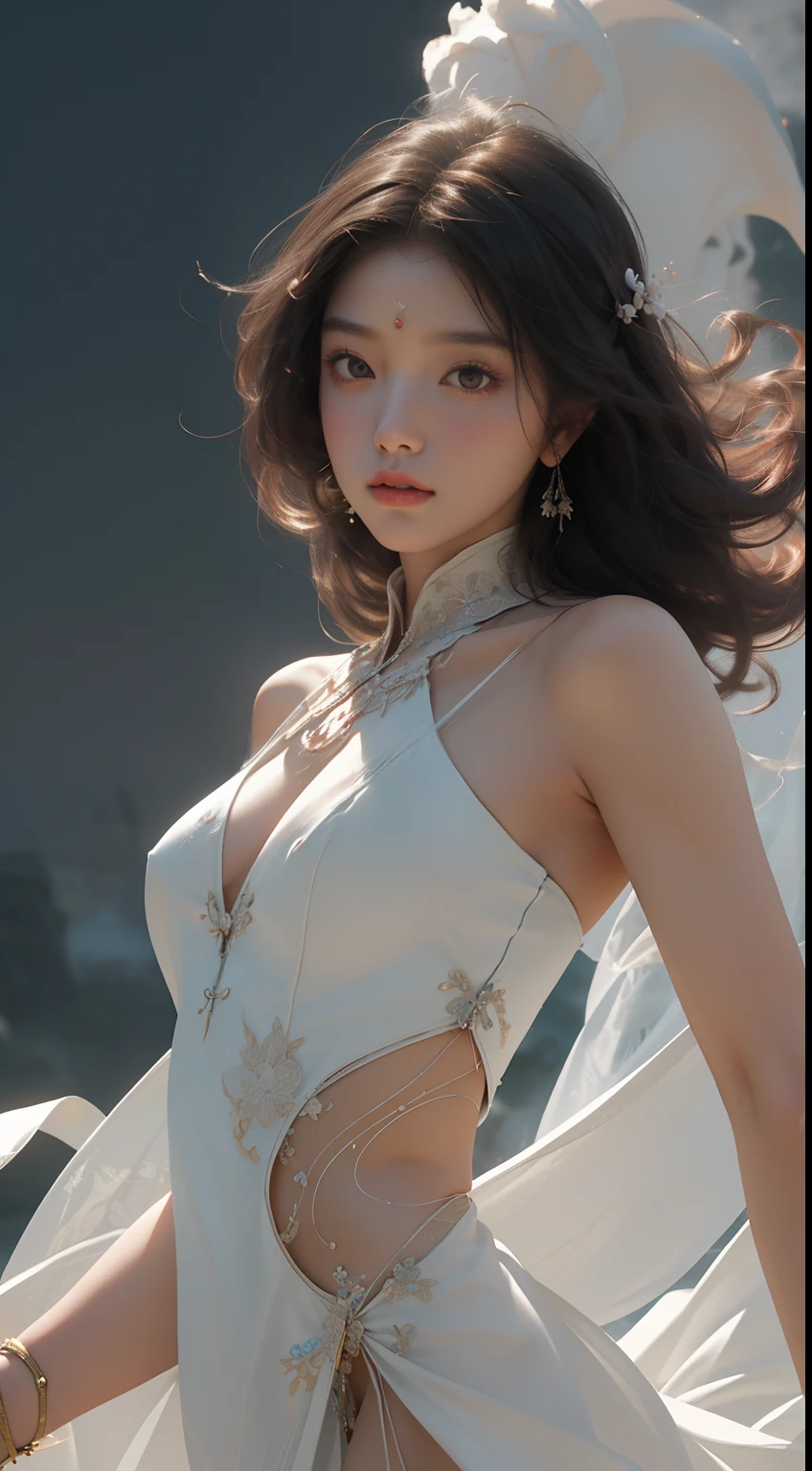 NSFW, Super High Quality, Masterpiece, Perfect Illustration, Extreme Details (Delicate Light and Shadow, Highly Dramatic Picture,)Zhong Hua, 1 Girl, Solo, Hanfu, Ancient_Chinese_architecture, Flower Field, Flowers, (White Smoke:1.3) (Realistic:1.4), Zen Entanglement, Mandala, Tangled, Official Art, Unity 8k wallpaper, super detailed, beautiful and beautiful, masterpiece, best quality, (Dynamic angle: 1.4), glowing skin, (Floating colorful flashes: 1) The most beautiful chaotic forms, elegant, brutalist design, bright colors, romantic depth of field exotic_dance, half_naked