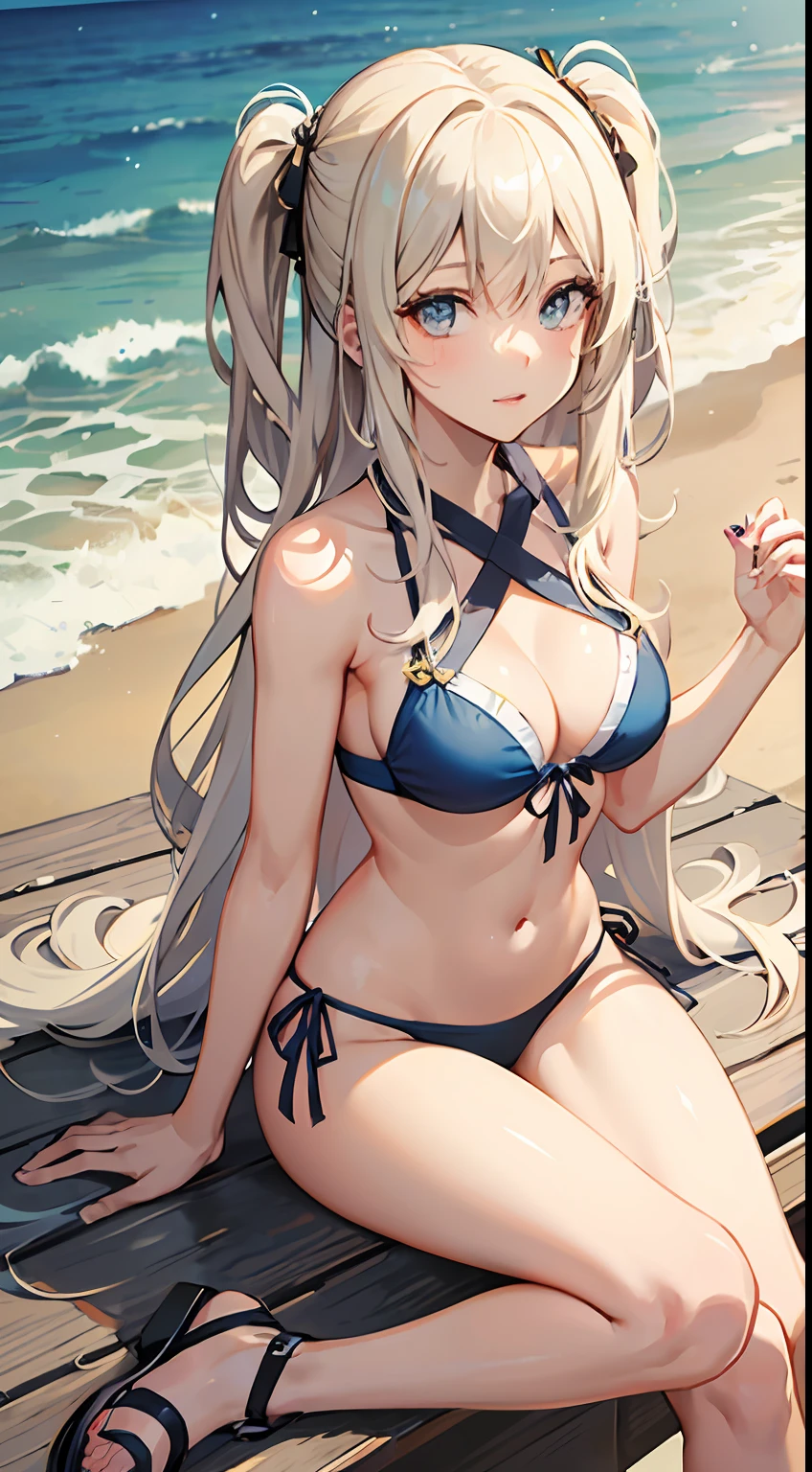 ((Best Quality)), (Ultra-detailed), ((Extremely detailed)), (Beautiful), ((Kawaii Girl)),(two side up hair).,Platinum Blonde Hair,Long hair, hair between eye, Wavy Hair, Long sideburns,Jade-colored eyes, White skin,Normal Chest,Slender body,Cross Halter Bikini,Sandals,Sitting,in beach,Look Camera