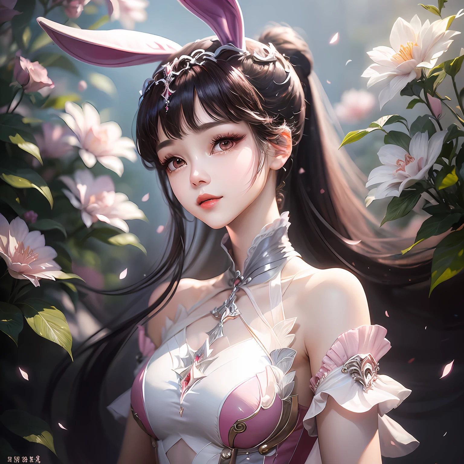 (coefficient 1.2) (fresh and elegant painting style + clear and delicate picture quality), the beautiful girl is ite, brown eyes shine with charming light, wearing rabbit ears, wearing a pink chiffon dress, elegant and aesthetic temperament exudes youthful vitality, soft and warm. The facial features are delicate and the beauty is outstanding.