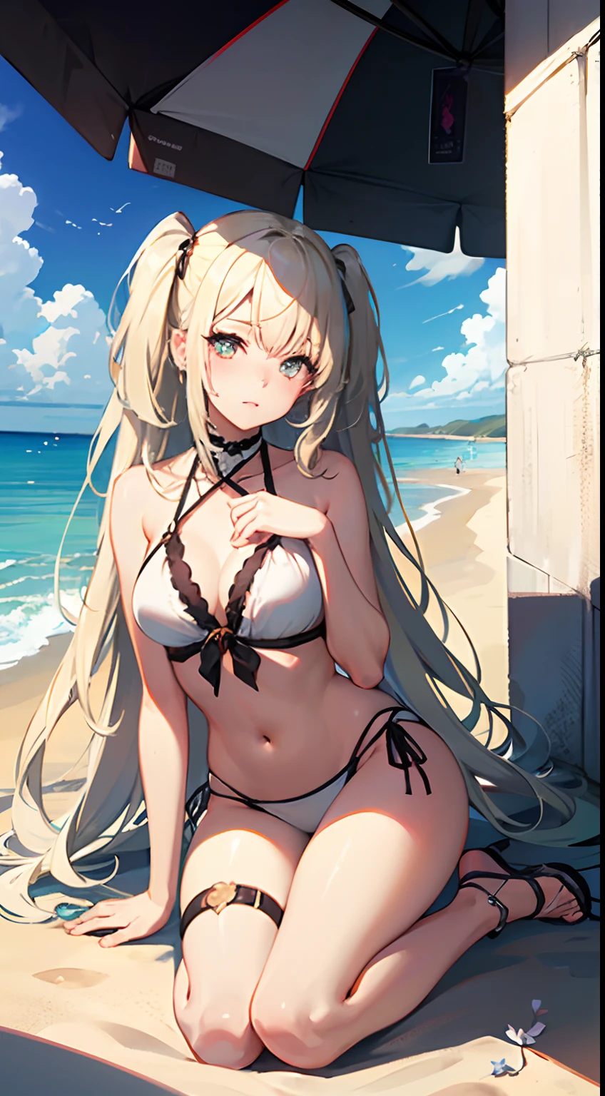 ((Best Quality)), (Ultra-detailed), ((Extremely detailed)), (Beautiful), ((Kawaii Girl)),(two side up hair).,Platinum Blonde Hair,Long hair, hair between eye, Wavy Hair, Long sideburns,Jade-colored eyes, White skin,Normal Chest,Slender body,Cross Halter Bikini,Sandals,Sitting,in beach,Look Camera