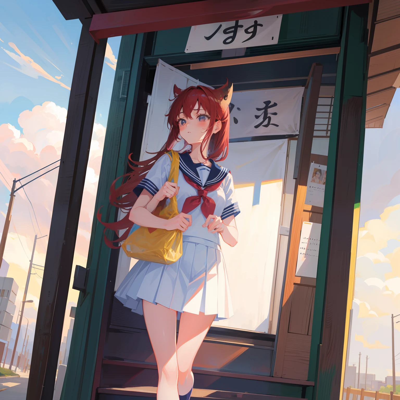 "Highest quality Japanese manga illustrations，Tsundere female high school student in sailor suit，Carrying a bag，A shrine standing under a cloudy daytime sky。"