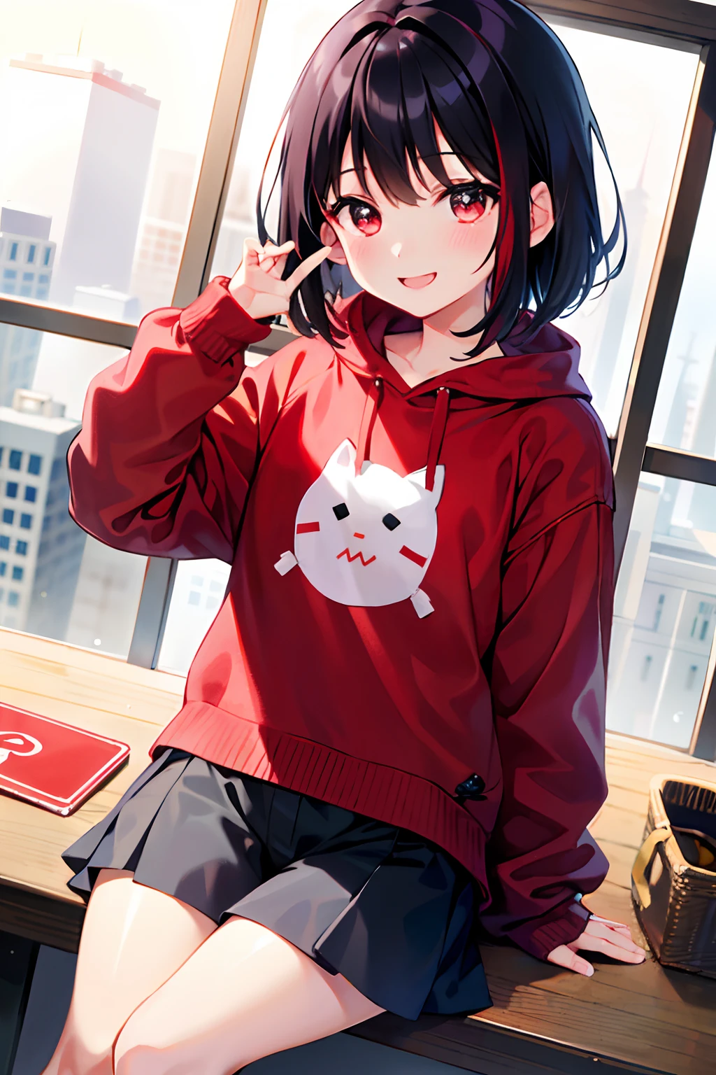 (Morning), 1girll, 独奏, looking at viewert, winter, Smile, Black hair,Red pick dye