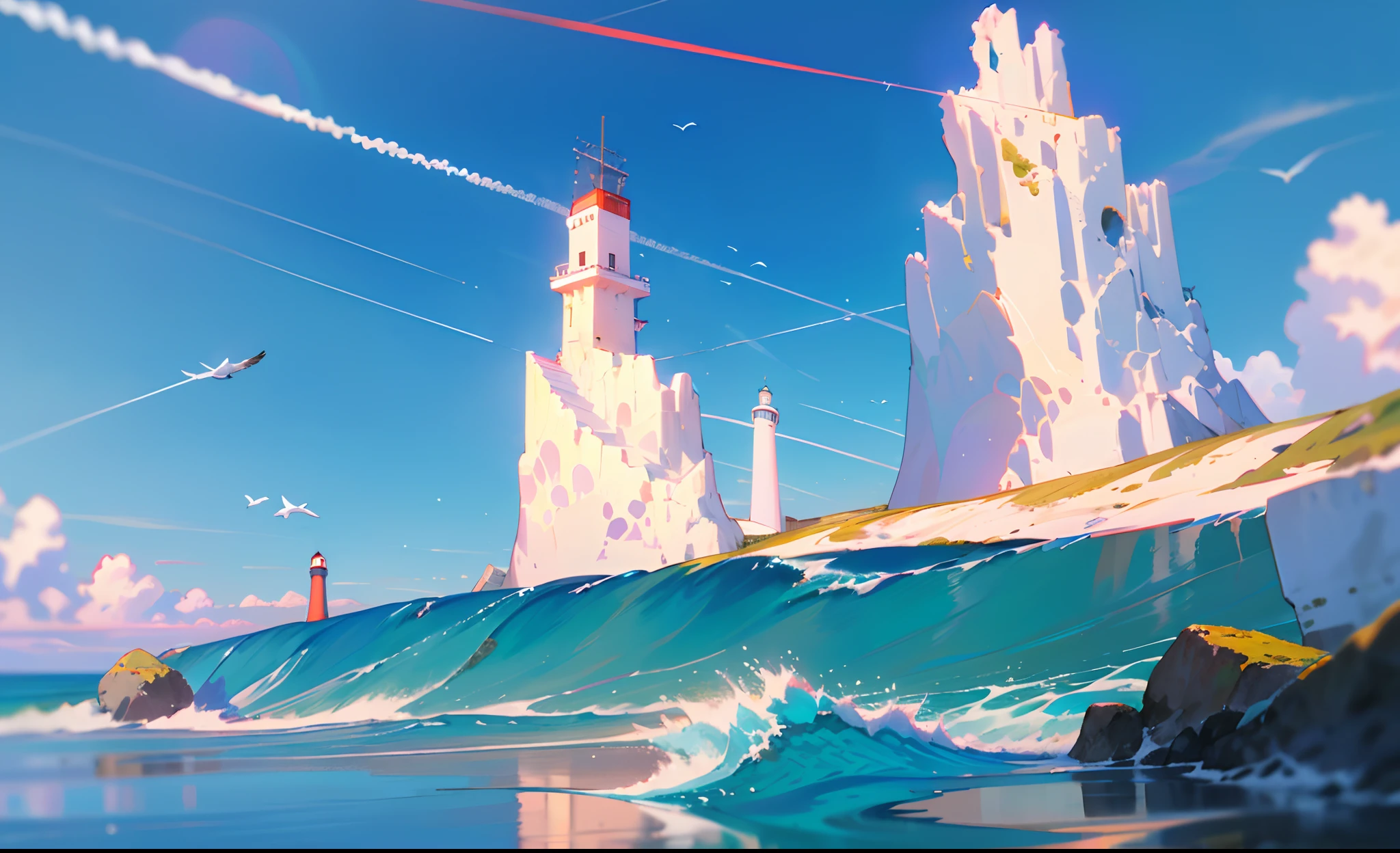 (Masterpiece, Best quality:1.1), wide angles, From below, (White cliffs), Mountain, Blue ocean, low tide, Sea waves, rocky beach, contrail, seagulls, horizon, breeze, Summer, Morning, Sunny, Cloud, calm, Fresh air, Sail ships, lighthouse, Depth of field，Blue sea and sky，The sea and the sky