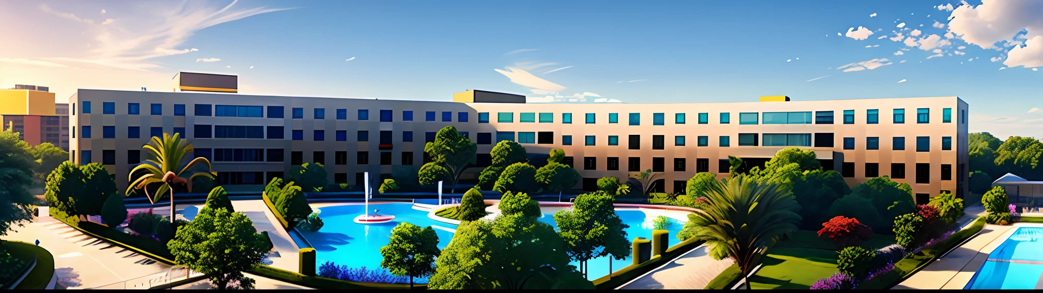 arafed view of a building with a pool and trees, building facing, full building, modern technology building, research complex, front-view, wide view, full - view, panorama view, exterior view, office building, outside view, above view, vista, centre image, landscape view, very wide view, vastayan, full morning sun, horizon view