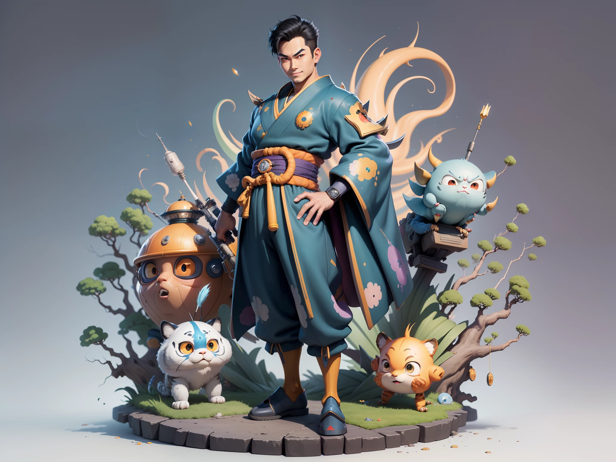 (Masterpiece), (Excellent), (Super Meticulous), (Full Body: 1.2), Super Young Man, Oriental Face, Japanese Kimono, Japanese Wind Thunder God, Dragon, Tiger, TV Anchor, Bust Portrait Illustration, Alone, Black Suit, Blue Tie, Slightly Chubby Face, Very Clean Face, No Beard, Black Super Short Hair, Black Eyes, Confident Smile, 3c Computer Sub-Products, iPad, iPhone, Digital Painting, 3D Character Design by Akira Toriyama and Mark Claireden and Pixar and Hayao Miyazaki, The illustration is a high-definition illustration in 4K resolution with very detailed facial features and cartoon-style visuals.