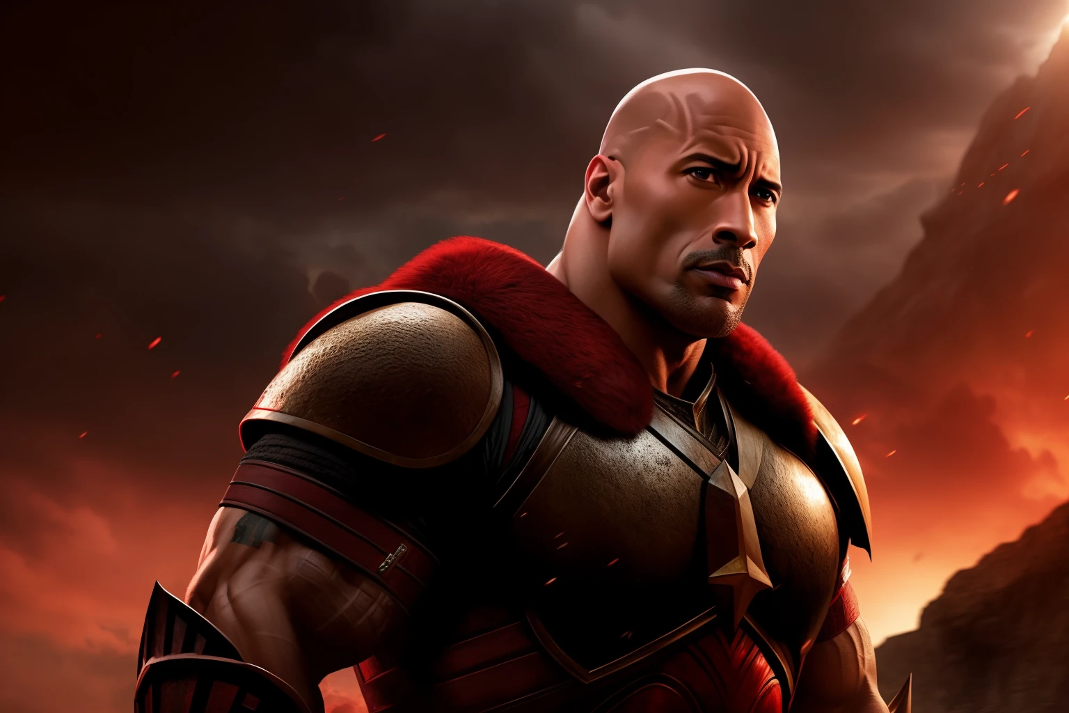 "Dwayne the Rock Johnson com barba branca, wearing red armor and positioned in a dark and atmospheric fantasy reign."