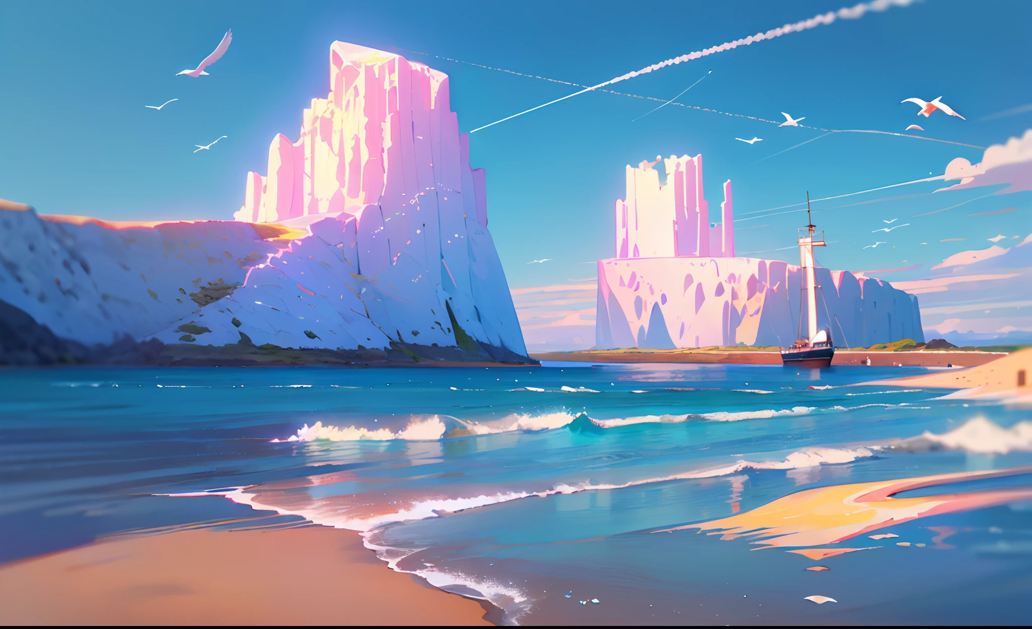 (Masterpiece, Best quality:1.1), wide angles, From below, (White cliffs), Mountain, Blue ocean, low tide, Sea waves, rocky beach, contrail, seagulls, horizon, breeze, Summer, Morning, Sunny, Cloud, calm, Fresh air, Sail ships, lighthouse, Depth of field,Blue sea and sky,The sea and the sky