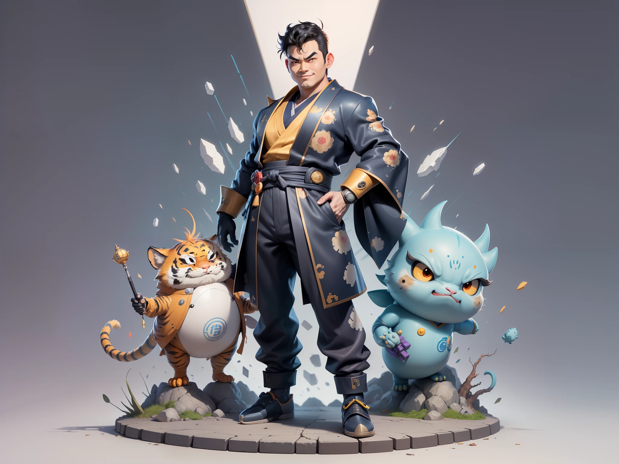 (Masterpiece), (Excellent), (Super Meticulous), (Full Body: 1.2), Super Young Man, Oriental Face, Japanese Kimono, Japanese Wind Thunder God, Dragon, Tiger, TV Anchor, Bust Portrait Illustration, Alone, Black Suit, Blue Tie, Slightly Chubby Face, Very Clean Face, No Beard, Black Super Short Hair, Black Eyes, Confident Smile, 3c Computer Sub-Products, iPad, iPhone, Digital Painting, 3D Character Design by Akira Toriyama and Mark Claireden and Pixar and Hayao Miyazaki, The illustration is a high-definition illustration in 4K resolution with very detailed facial features and cartoon-style visuals.