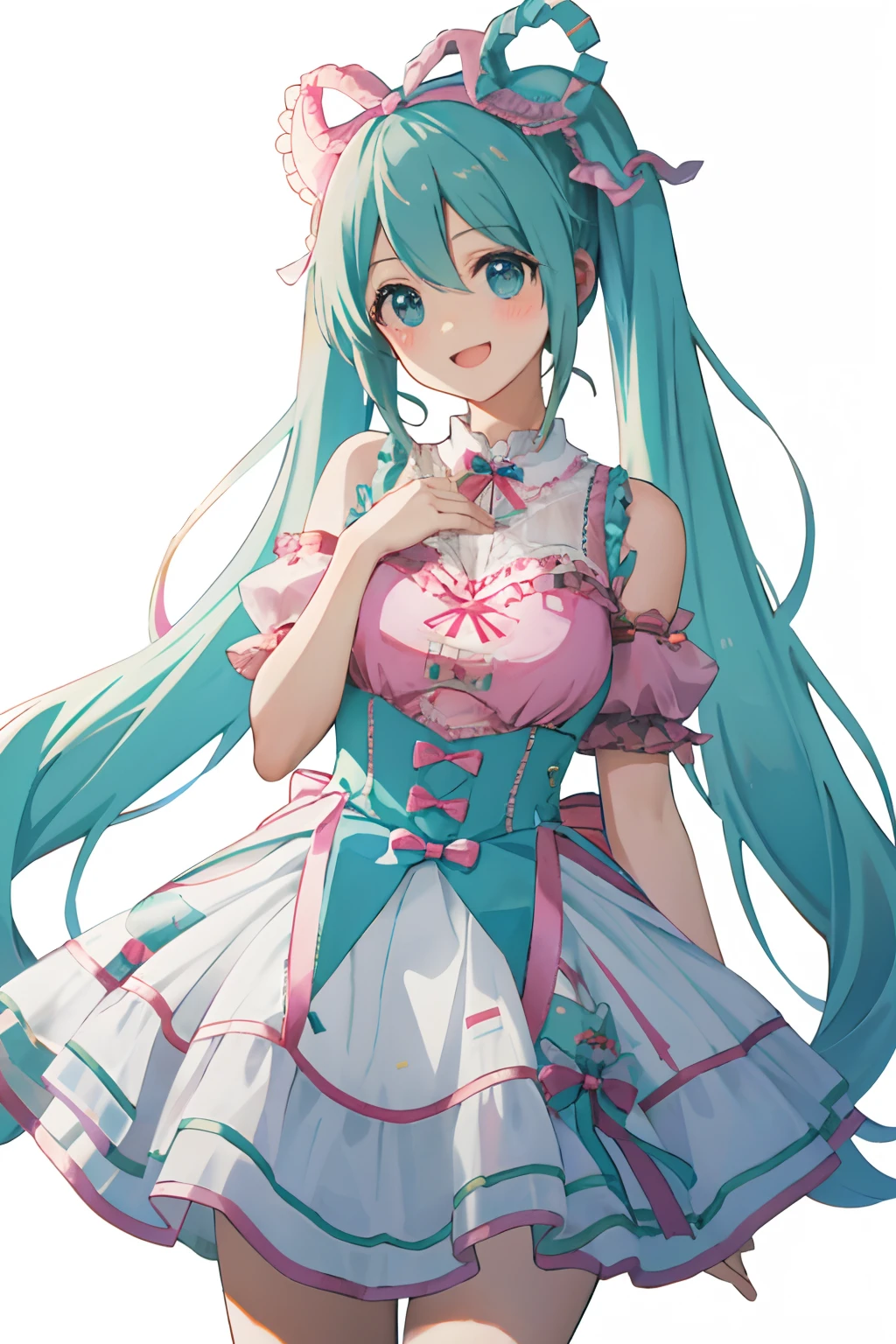 best qualityer, tmasterpiece, 1girll, Big breasts Hatsune Miku, sweet_ta, cheerfulness, An amusement park,Beth