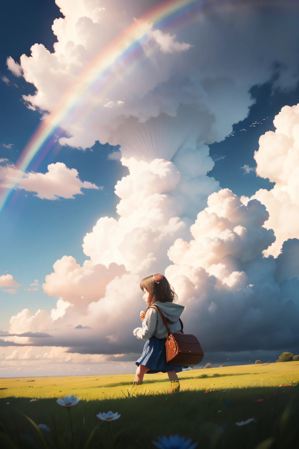 One day, as Rosie was playing among the clouds, she noticed a group of tiny, fluffy clouds floating nearby, rainbow in the sky, cartoon